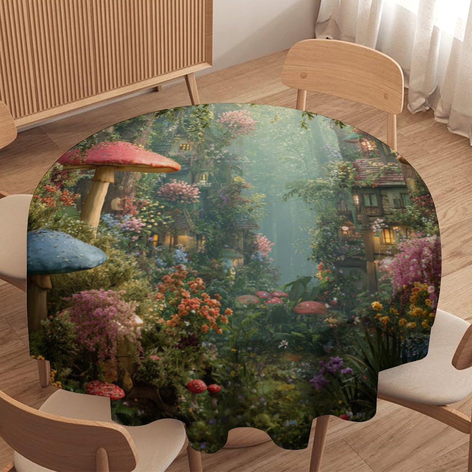 LUYYSKY Funny Classic Enchanted Forest Waterproof Round Tablecloth Modern Oil Painting Boho Botanical Plant Mushroom Print Washable Table Cover for Kitchen-177.8" Wx177.8 L cm