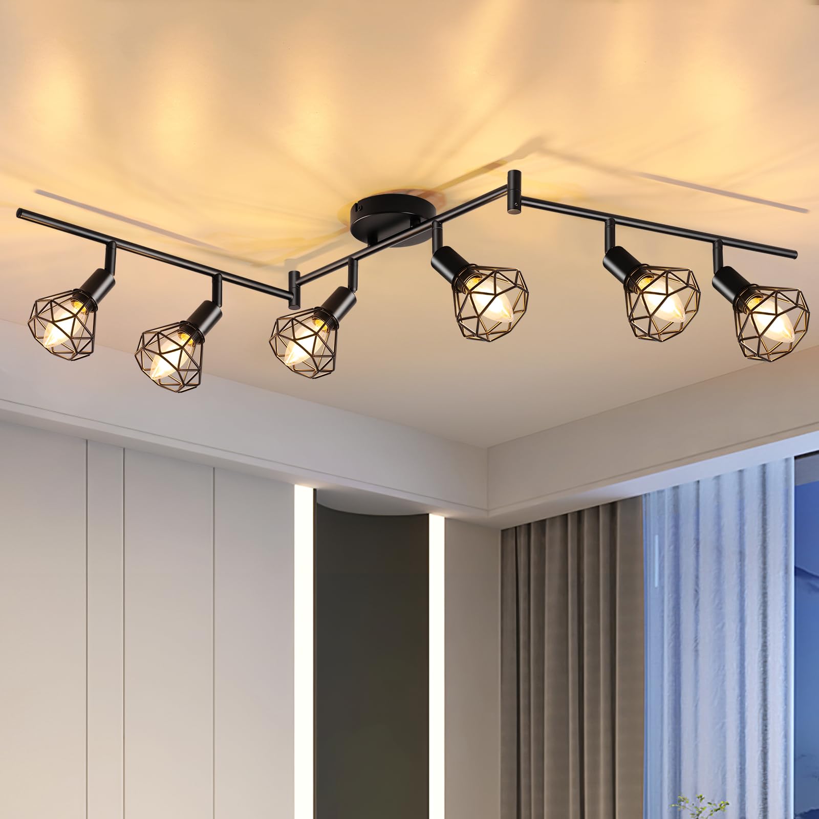 GeyouLux Deckenstrahler 6 Flammig Deckenlampe LED Deckenleuchte Schwenkbar 350° Deckenspots E14 Schwarz Küchenlampe Retro Lampe für Küche Wohnzimmer Flur Schlafzimmer Ohne Leuchtmittel