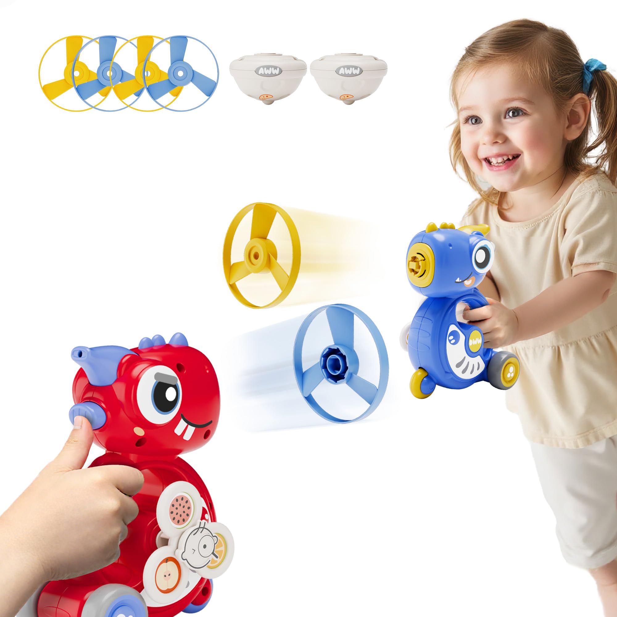 iPlay, iLearn Kids Dinosaur Flying Disc Launcher Toys, Toddler Push Go Friction Dino Cars, Indoor Outdoor Spinning Top Yard Play Set, Birthday Gift for 12-18 Months, 1 2 3-6 Years Old Boys Girls Child