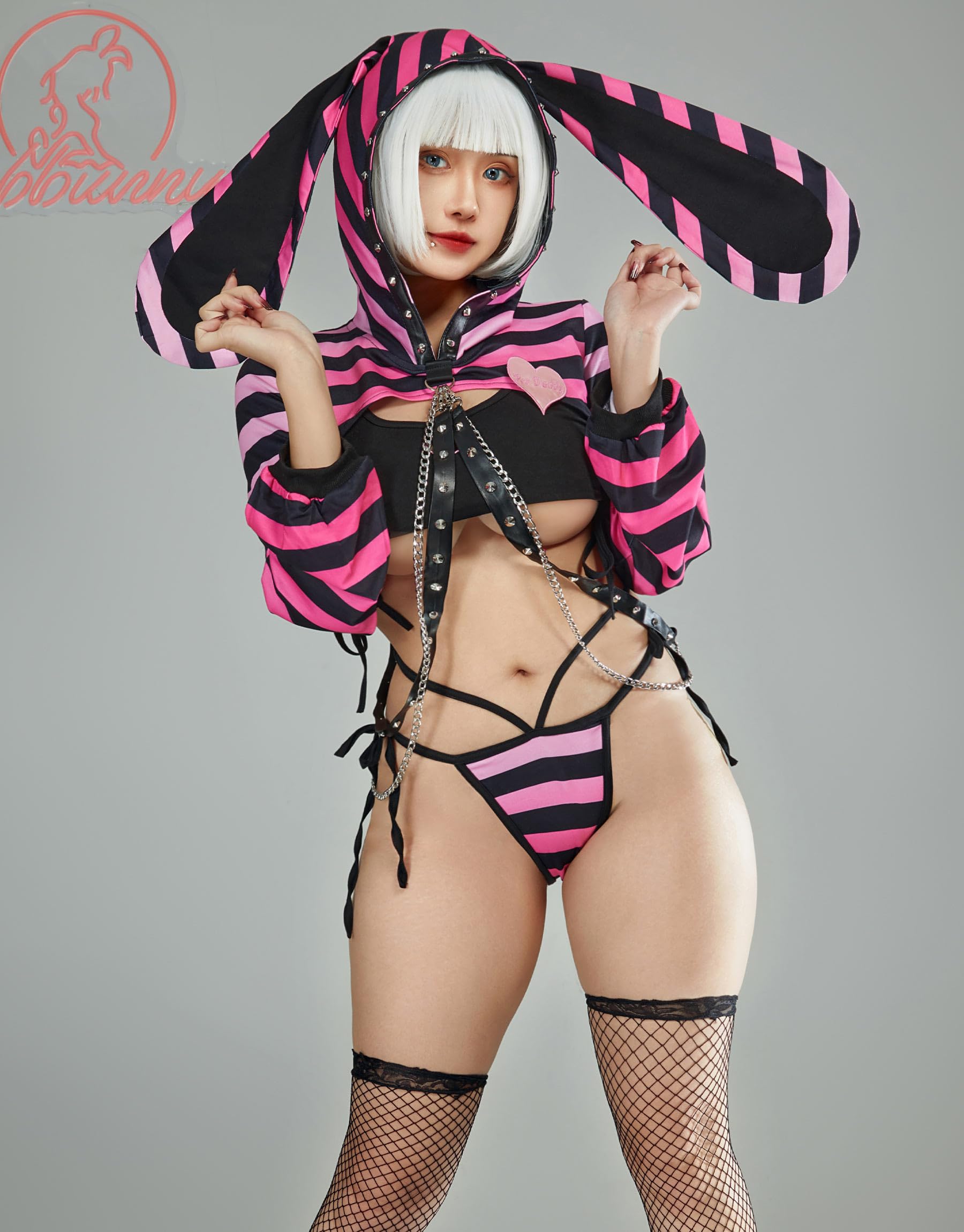 Mobbunny SUGAR BABY Yes Daddy Women Lingerie Set Striped Bunny Girl Style Top and Panty Set with Fishnet Stockings and Chains