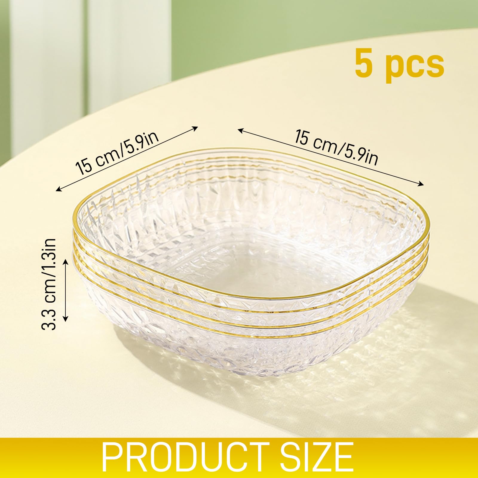 Juego de 4 platos de postre de 6 pulgadas, cuencos de pellizco para preparación de cocina, platos de plástico reutilizables con borde dorado y borde elevado, platos pequeños para aperitivos