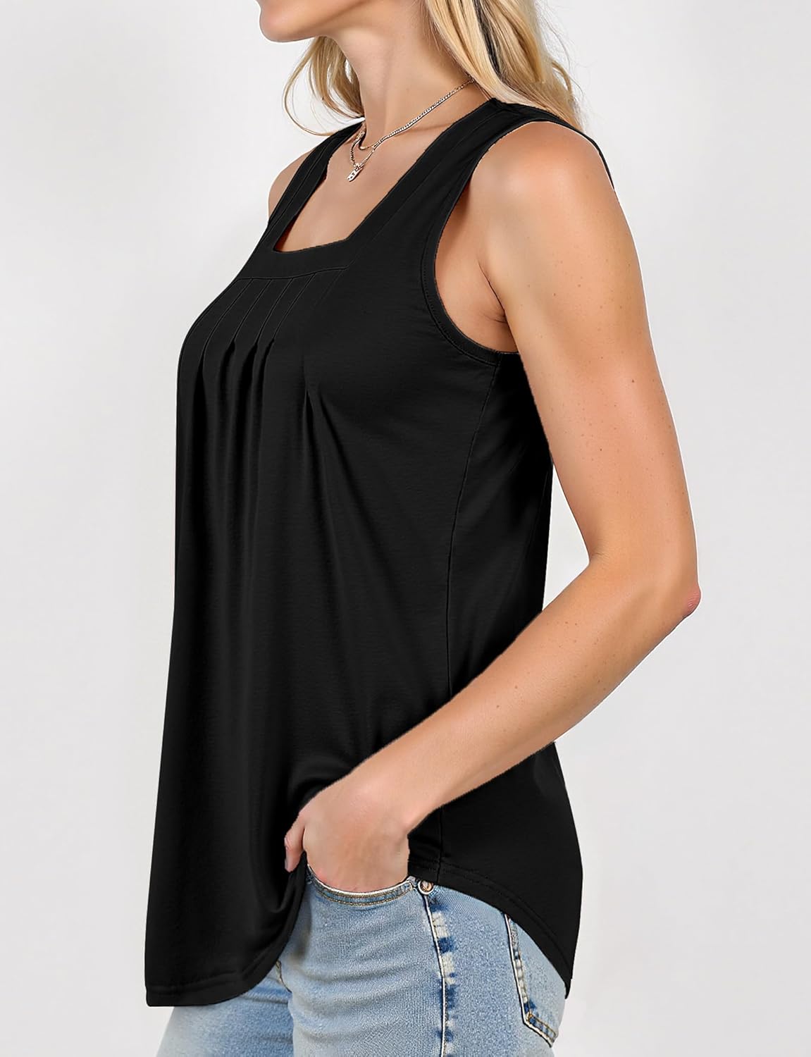 Tank Tops for Women Summer, Loose Fit Pleated Square Neck Sleeveless Tops Flowy Blouse Going Out Tops Basic Shirts (Black,2XL) - Image 3