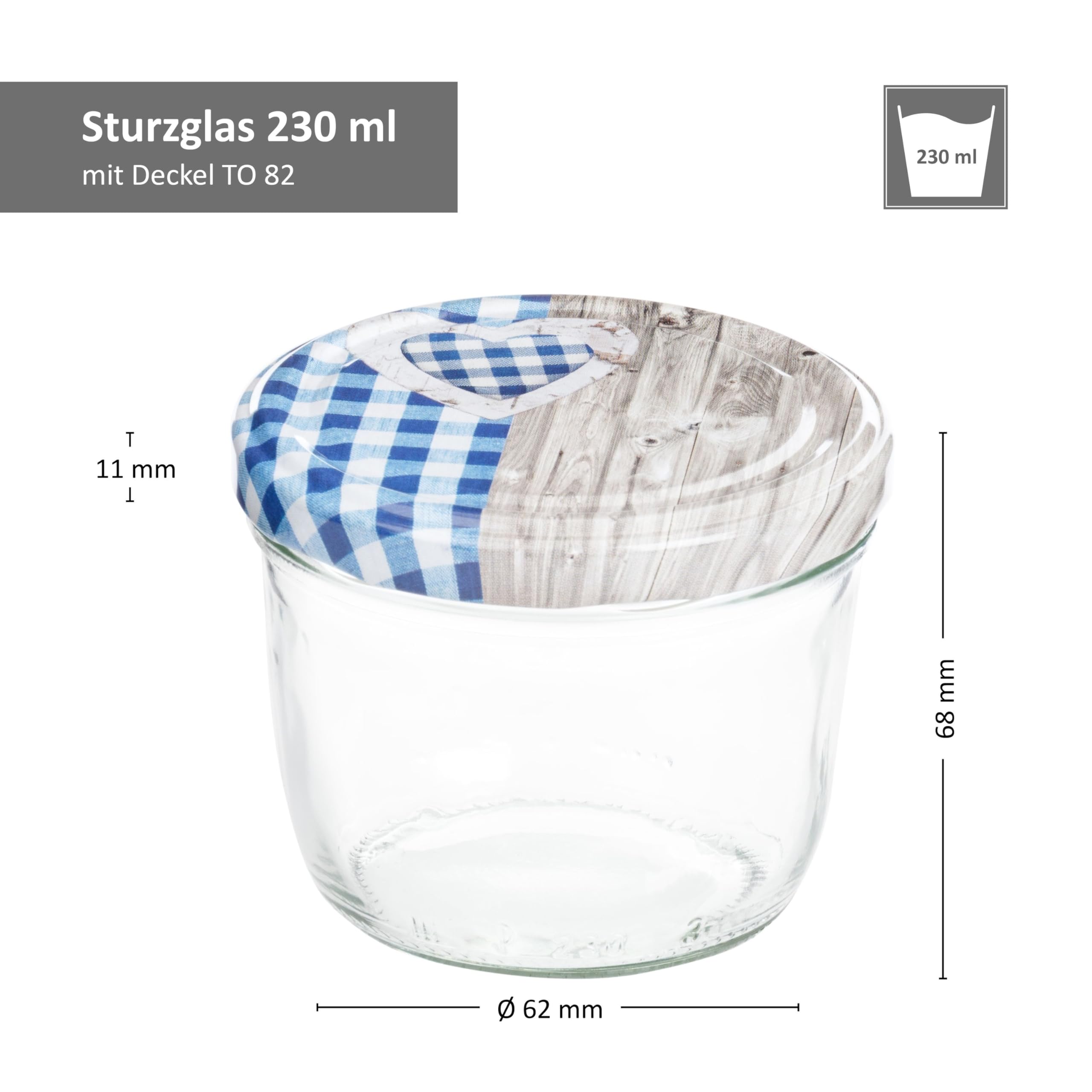 MamboCat 100er 230 ml Sturzglas-Set | Einmachgläser + Twist-Off-Deckel Holz-Herz blaukariert + GRATIS Rezeptheft | einkochen & konservieren | backofengeeignet