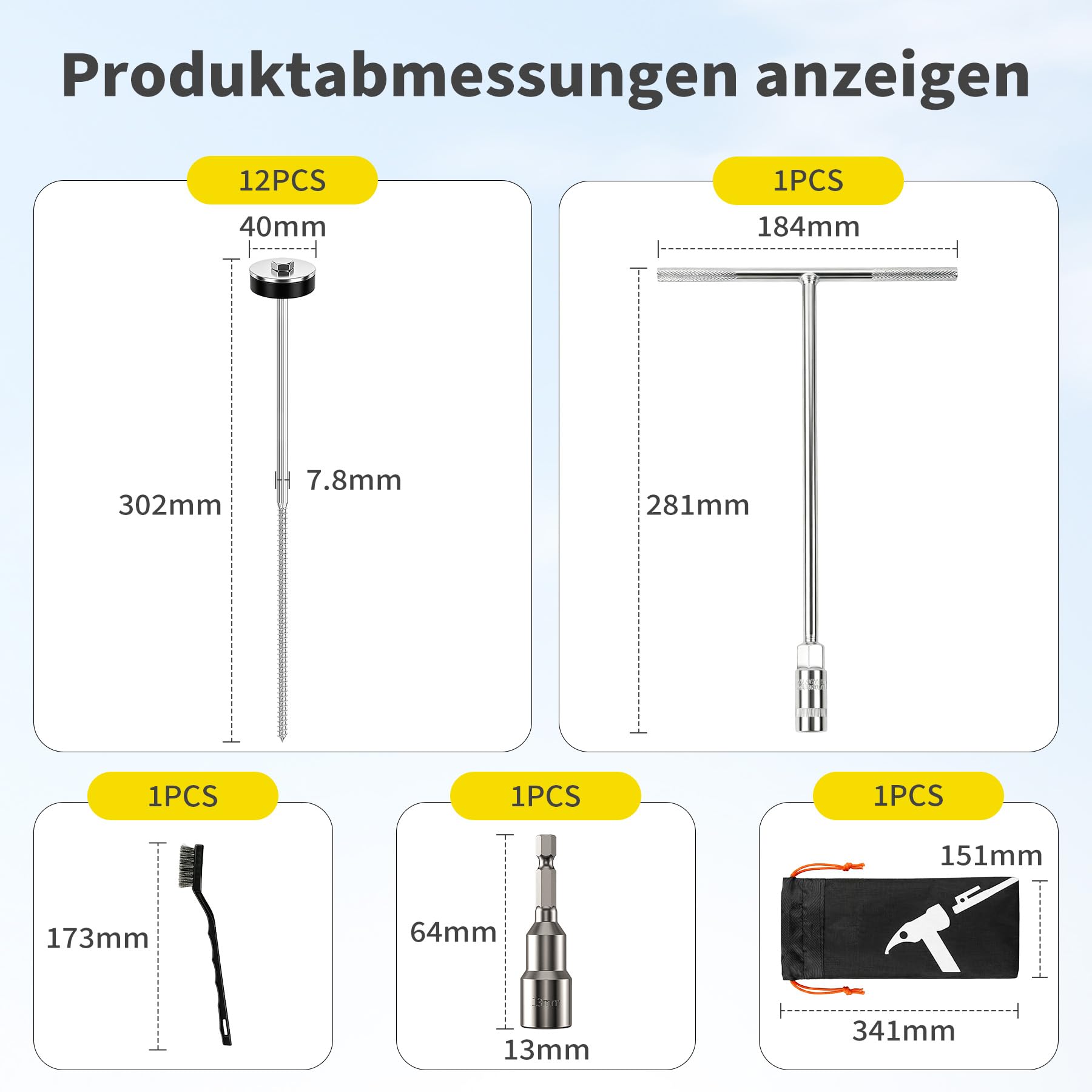 Zeltschrauben Camping Komplettset, 12-teiliges Universalschraubenset mit Drahtbürste und T-Griff-Schraubenschlüssel zur Befestigung von Zelten, geeignet für harten Boden und Waldwiese