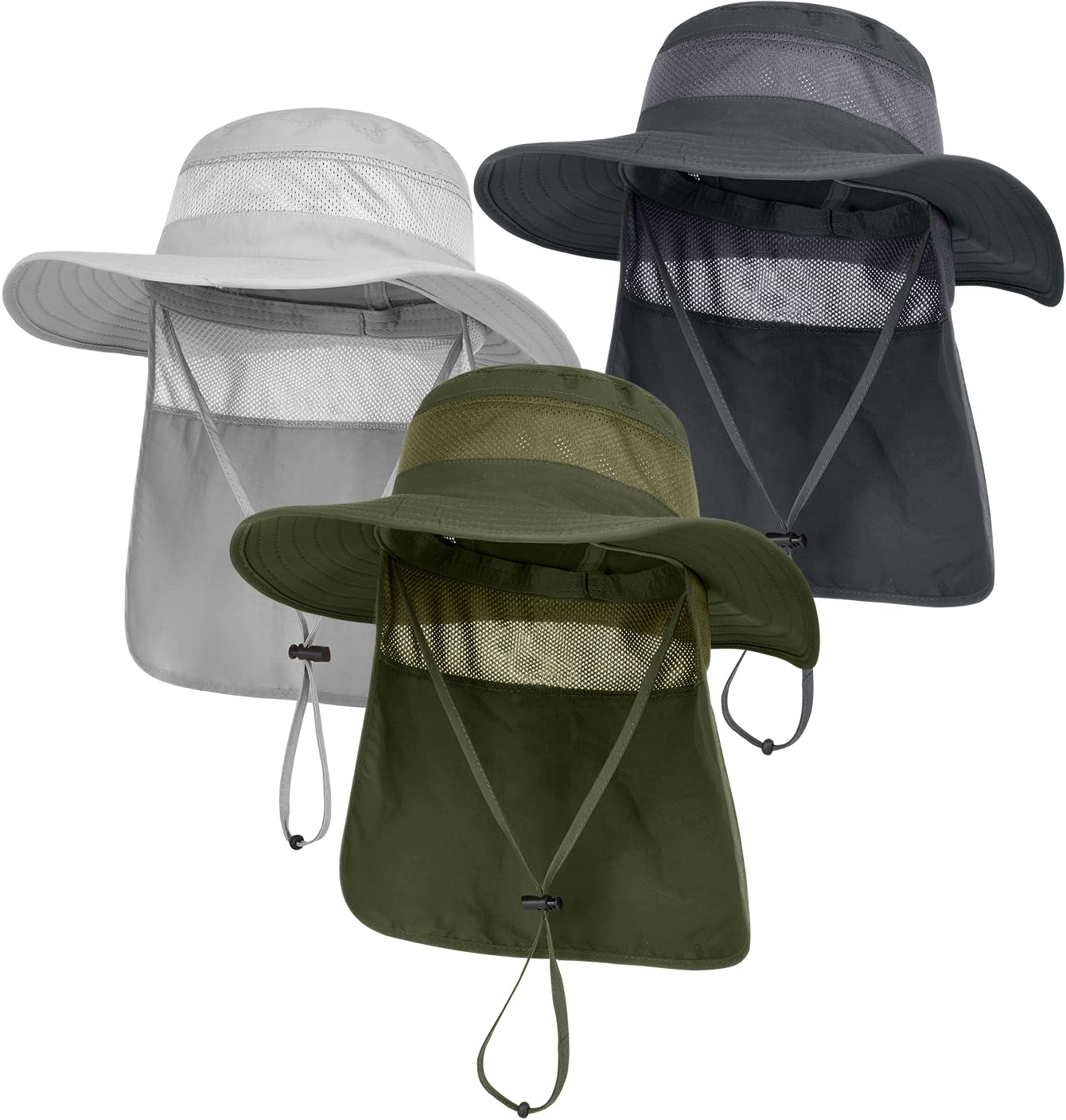 3 Pack Mens UPF 50+ Wide Brim Sun Hat with Neck Flap for Fishing Hiking Garden (3 Pack Dark Grey?Light Grey?Army Green)