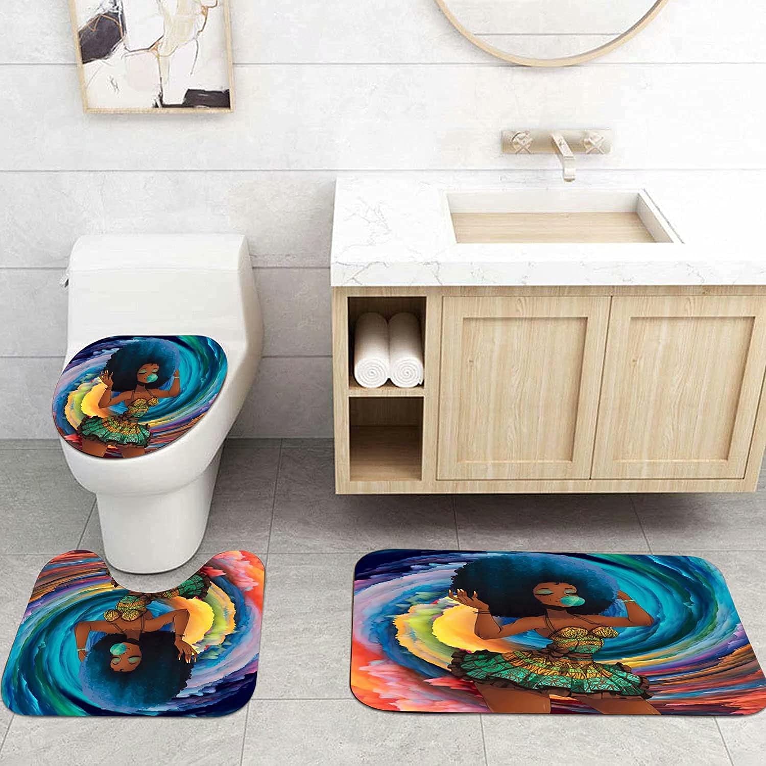 Set Bagno 4 Pezzi Afro Americano Donna - Tenda Doccia, Tappeti E Copriwater Con Motivo Corona E Farfalla, Inclusi Ganci
