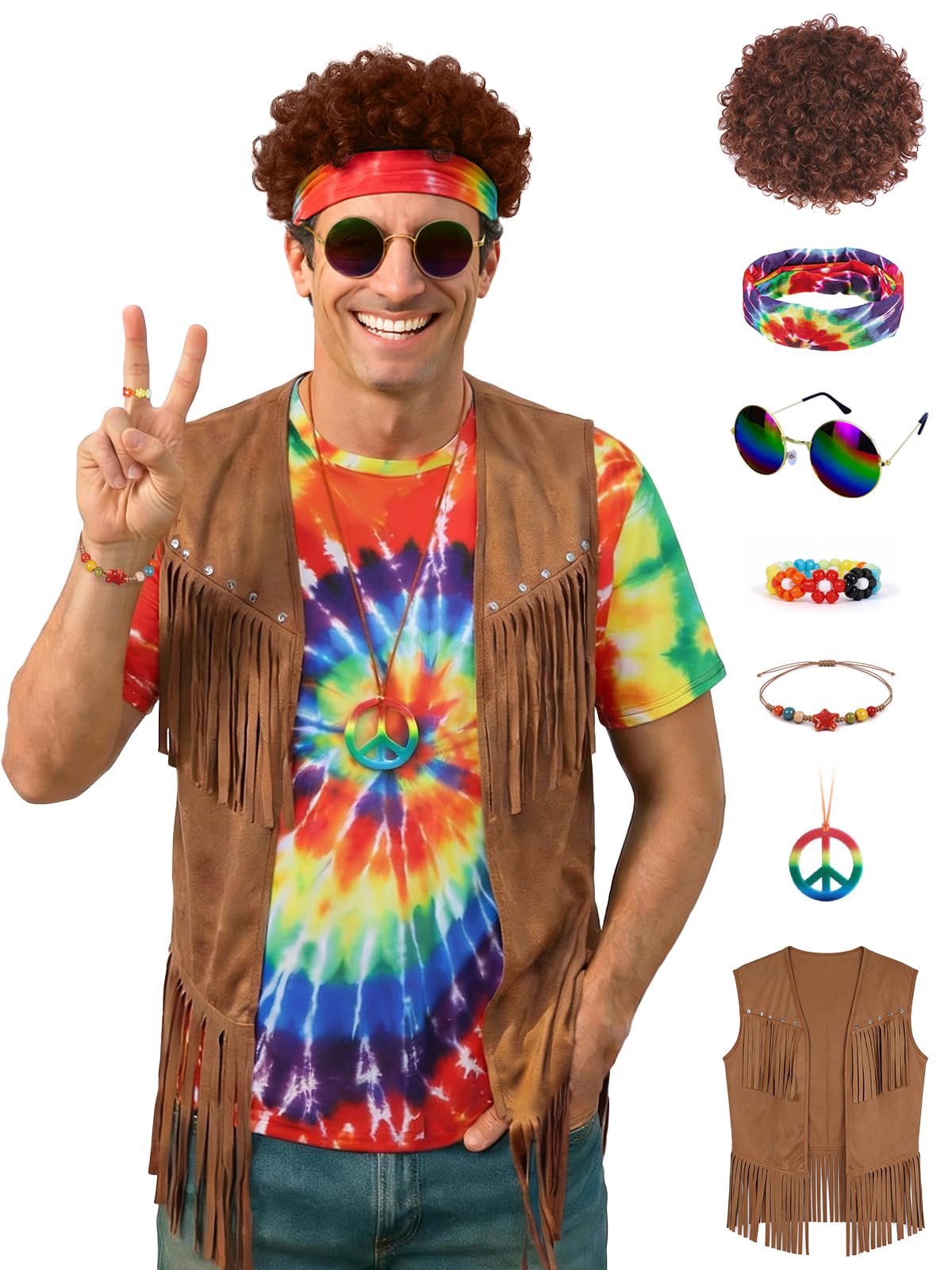 Hippie Costume for Men 60s 70s Outfits for Men Tie Dye Shirt Set Fringe Carnival Vest Wig Tie