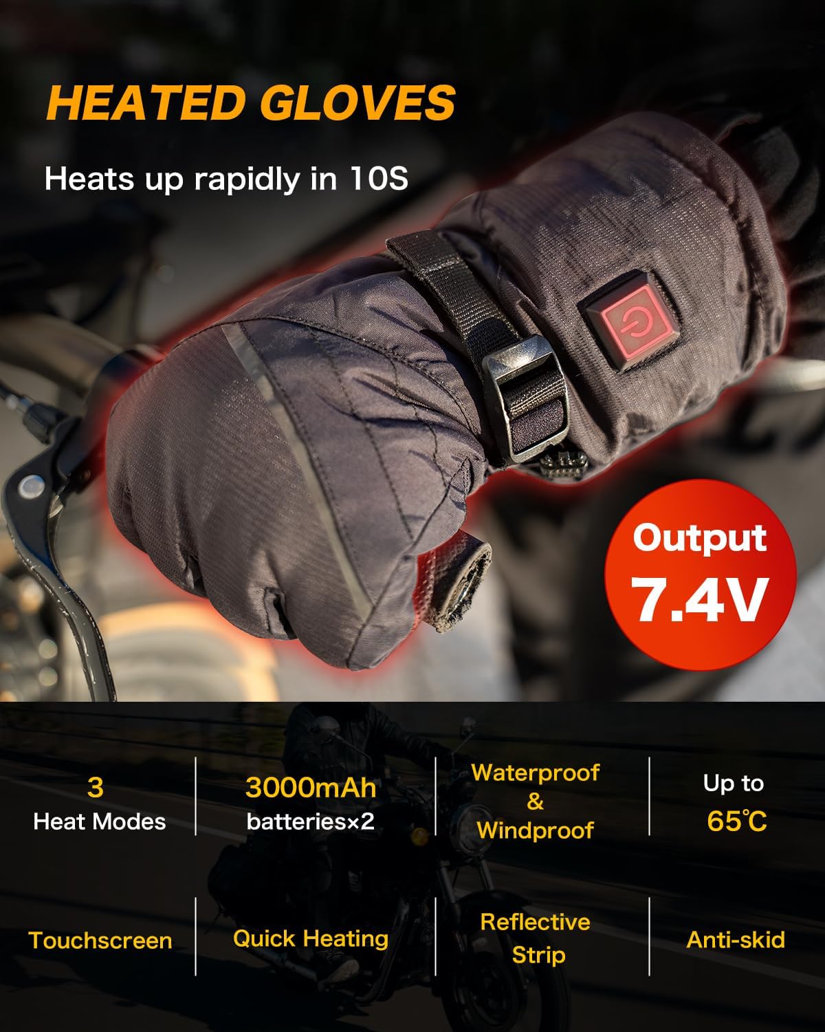 Heated Gloves for Men Women, Heated Motorcycle Gloves, Touchscreen, Waterproof Perfect for Motorcycle, Cycling, Skiing & Hiking, Outdoor Winter Sports - Image 3
