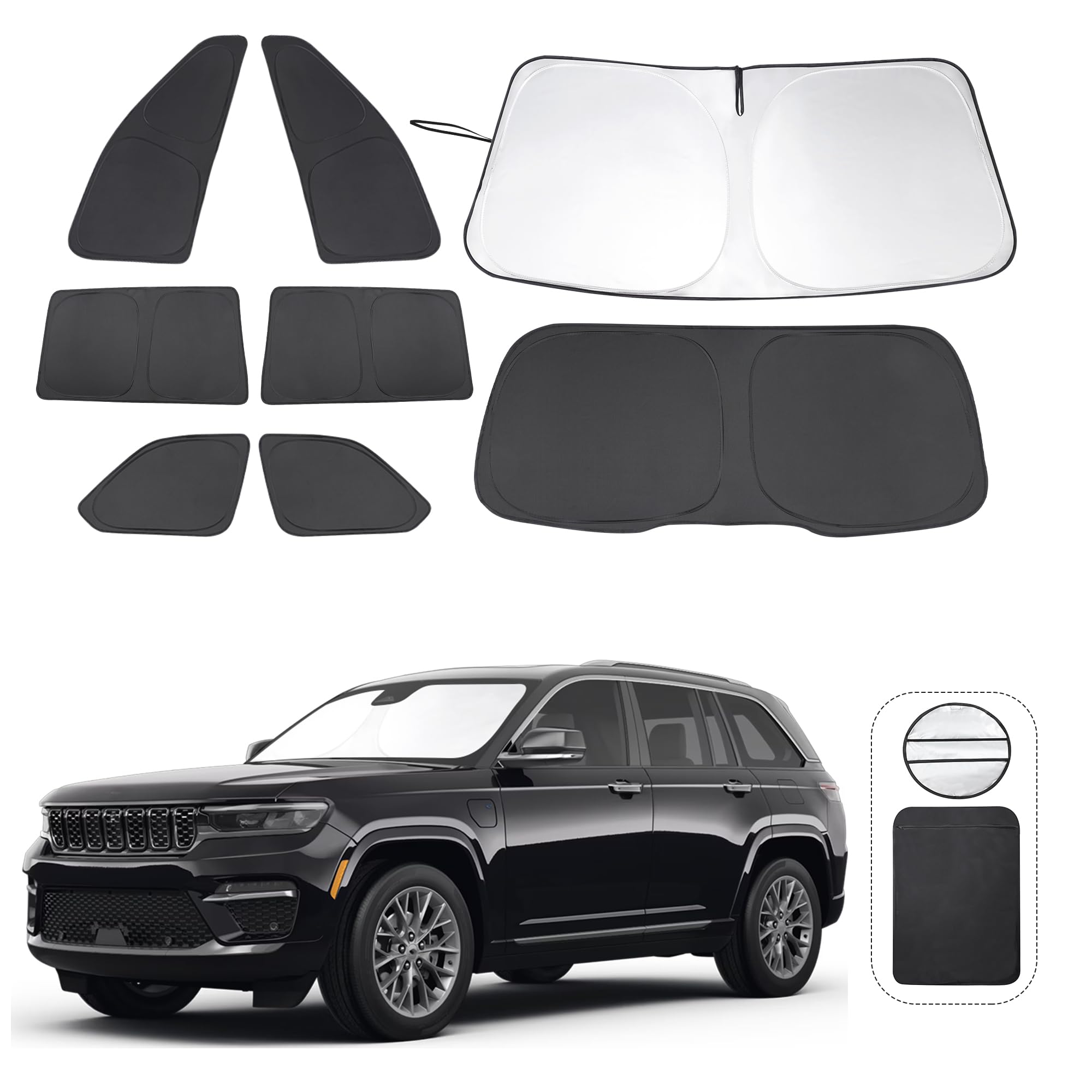 8PCS Windshield Sun Shade Custom Fit for 2024 Jeep Grand Cherokee 4XE Accessories Foldable Sunshade Side Rear Window Shade Cover Full Set Privacy Protection Keeps Car Cool