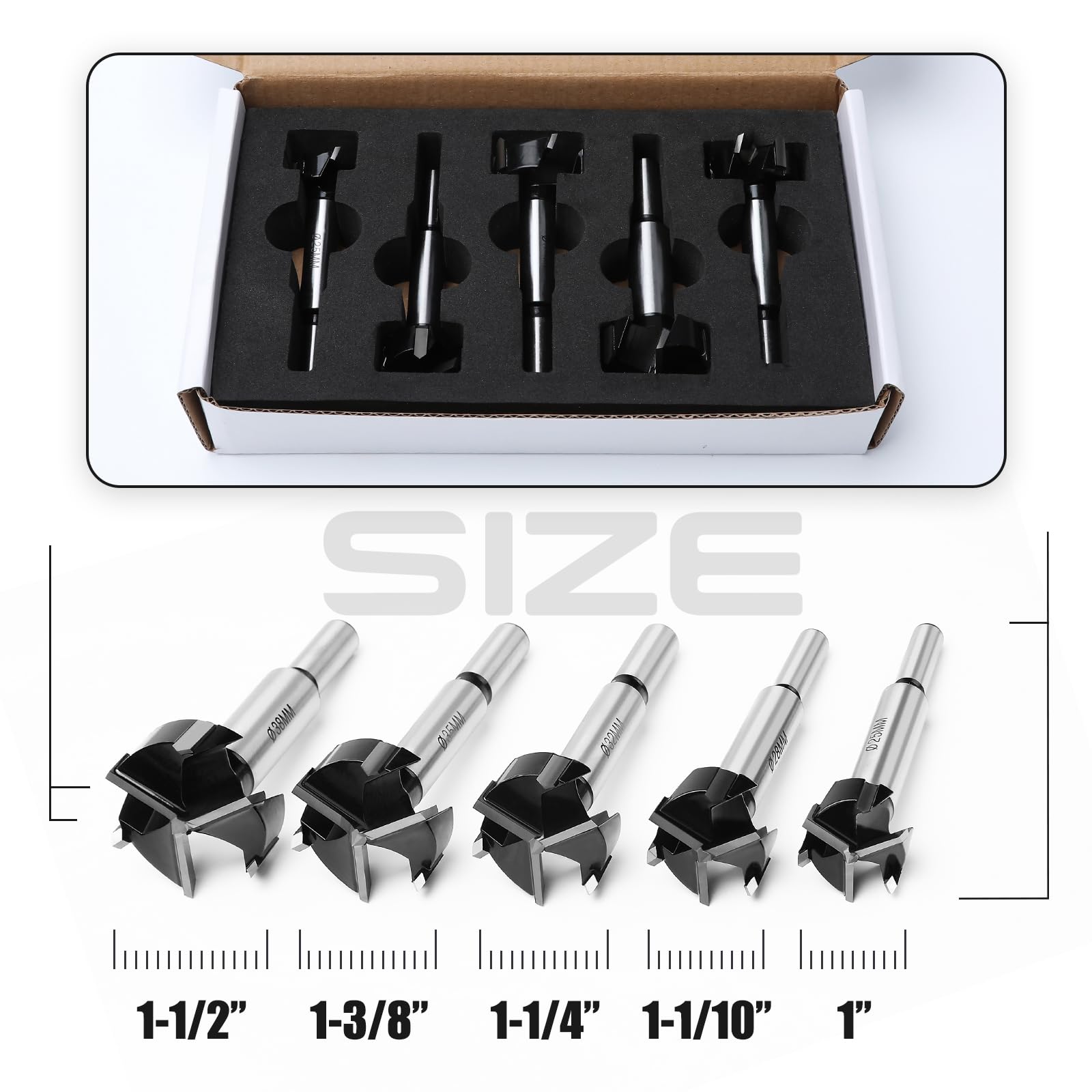 Forstner - Juego de 5 brocas de triple flauta con punta de carburo de tungsteno, para madera dura, madera blanda, kit de herramientas de corte de bisagra para madera contrachapada chapada, plástico