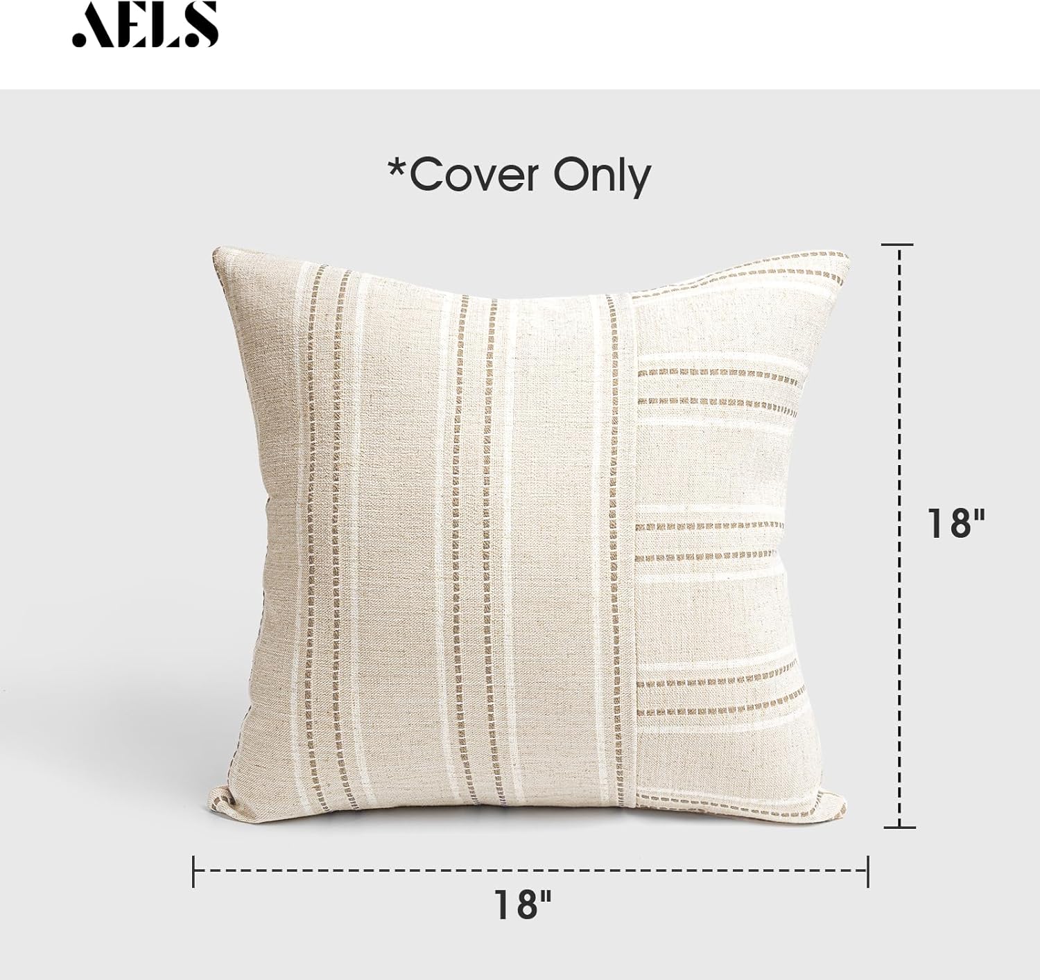AELS 18x18 Decorative Farmhouse Linen Throw Pillow Covers, Boho Textured Pillow Case, Set of 2, Beige with White & Brown Stripe Patchwork Cushion Cover for Sofa Couch Living Room (Cover ONLY) - Image 2