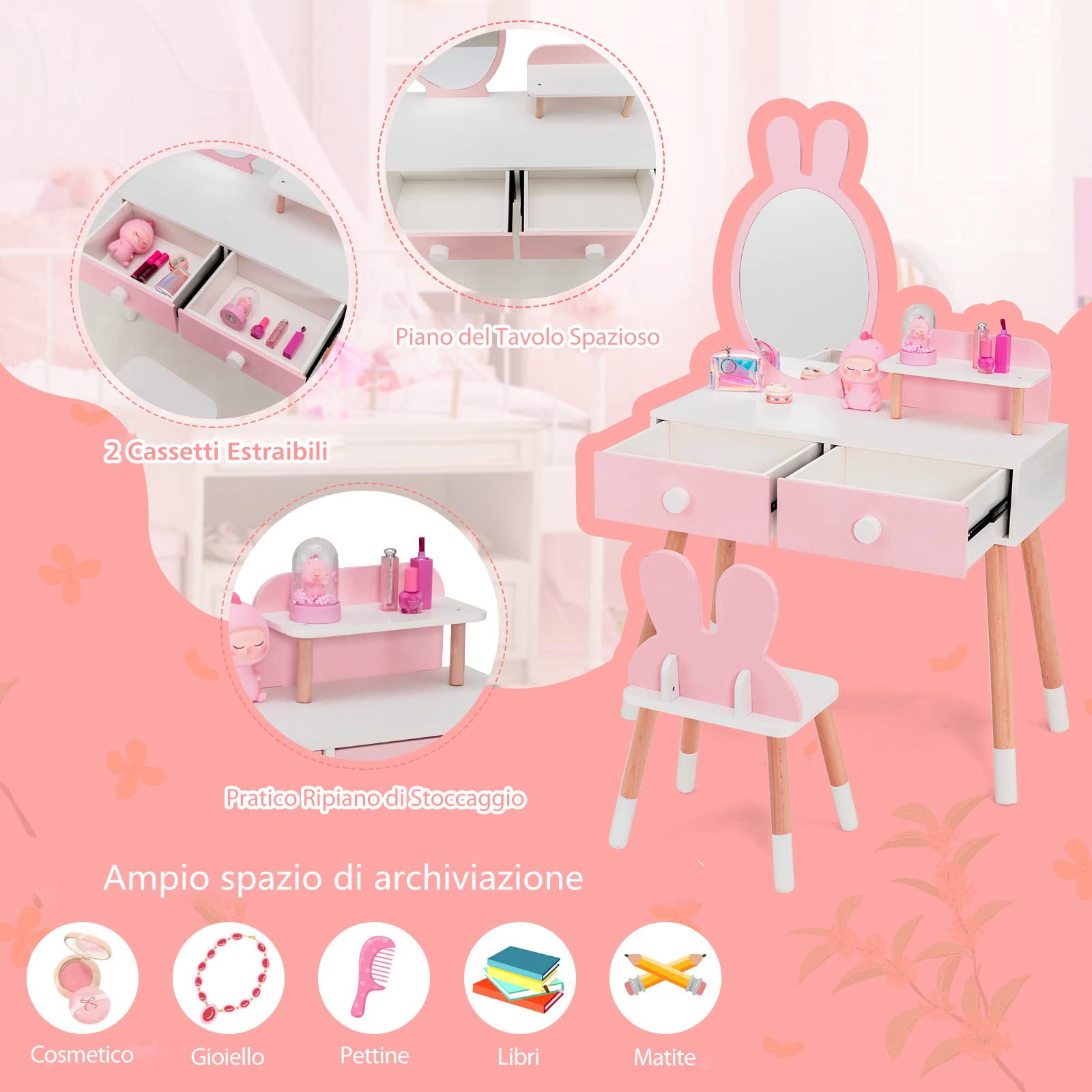 COSTWAY Toeletta Trucco 2 in 1 per Bambina, Specchiera a Forma di Coniglio Staccabile per Ragazza in Legno con Sgabello, Ripiano e 2 Cassetti, Postazione Trucco, 78 x 37 x 110cm (Rosa)