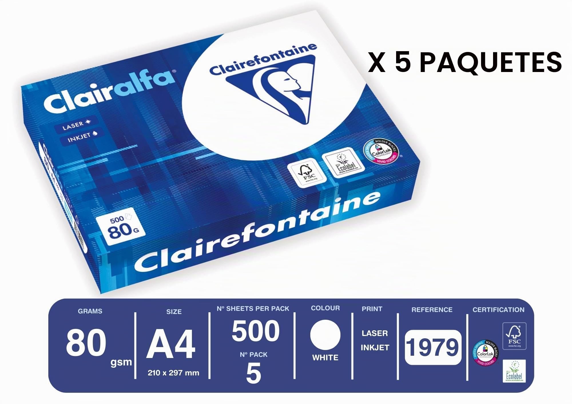 Clairefontaine 1979C - Caja de papel Clairalfa contiene 5 packs. - A4, 80g/m2, Total de hojas por caja: 2500 - Color: Blanco (171 CIE)