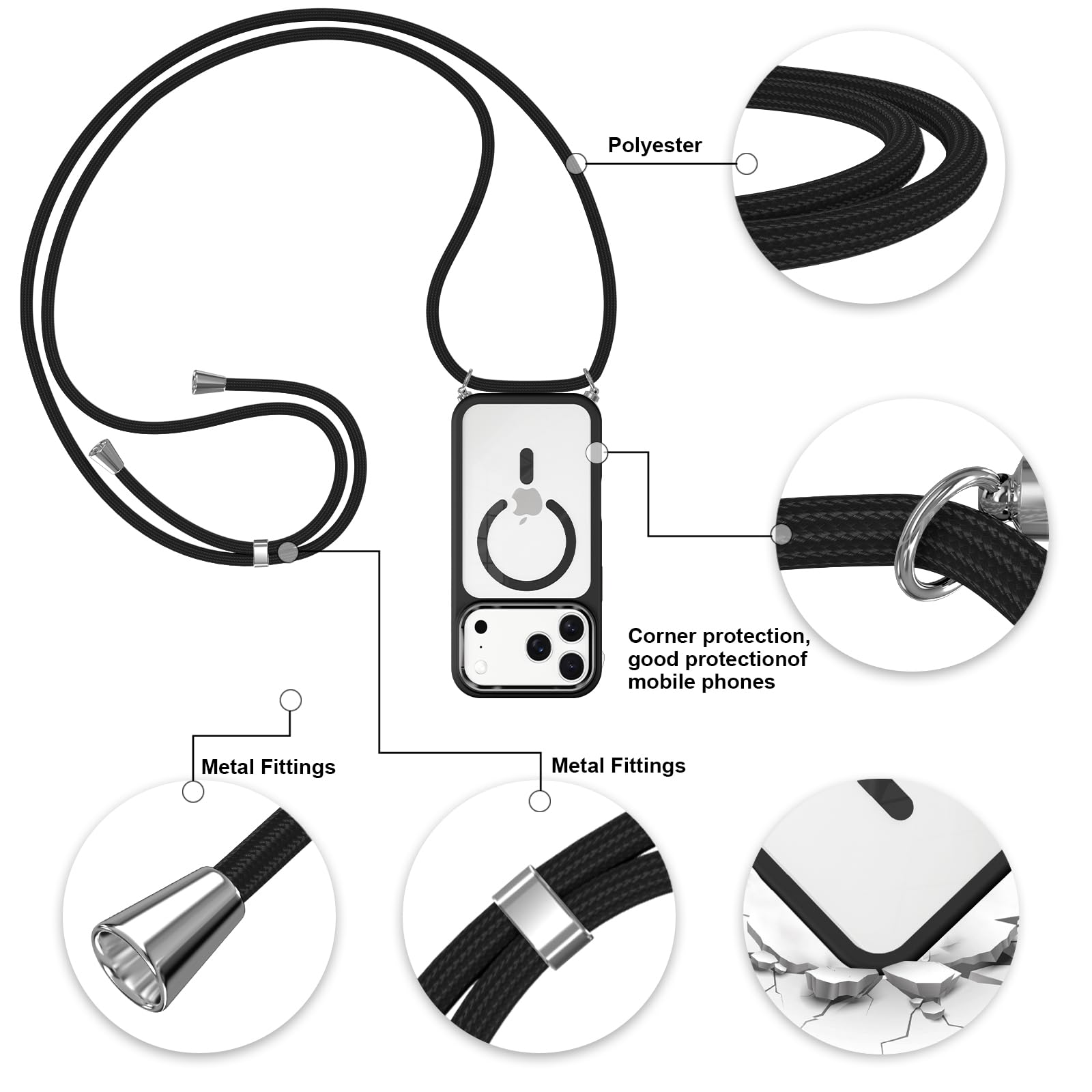 Pnakqil Magnetyczne etui na iPhone'a 17 Pro ze smyczą, kompatybilne z MagSafe, twarde etui PC cienkie silikonowe TPU odporne na wstrząsy zderzak ochronny ze sznurkiem naszyjnik pasek na ramię etui