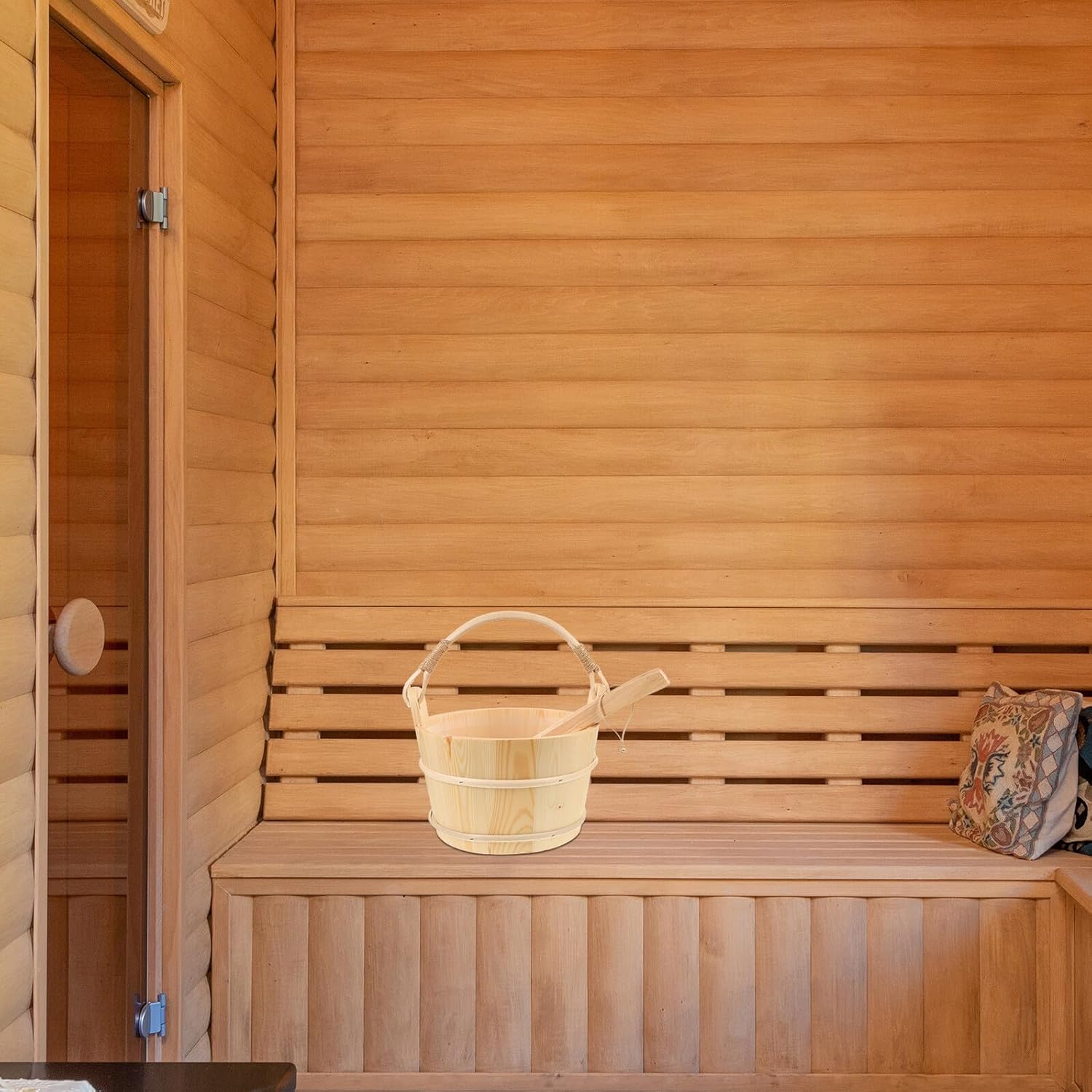 Ciieeo Classic Wooden Sauna Bucket and Ladle Set with Plastic Liner, Practical Wooden Bathing Barrel for Home Steam Sauna and Spa Accessories