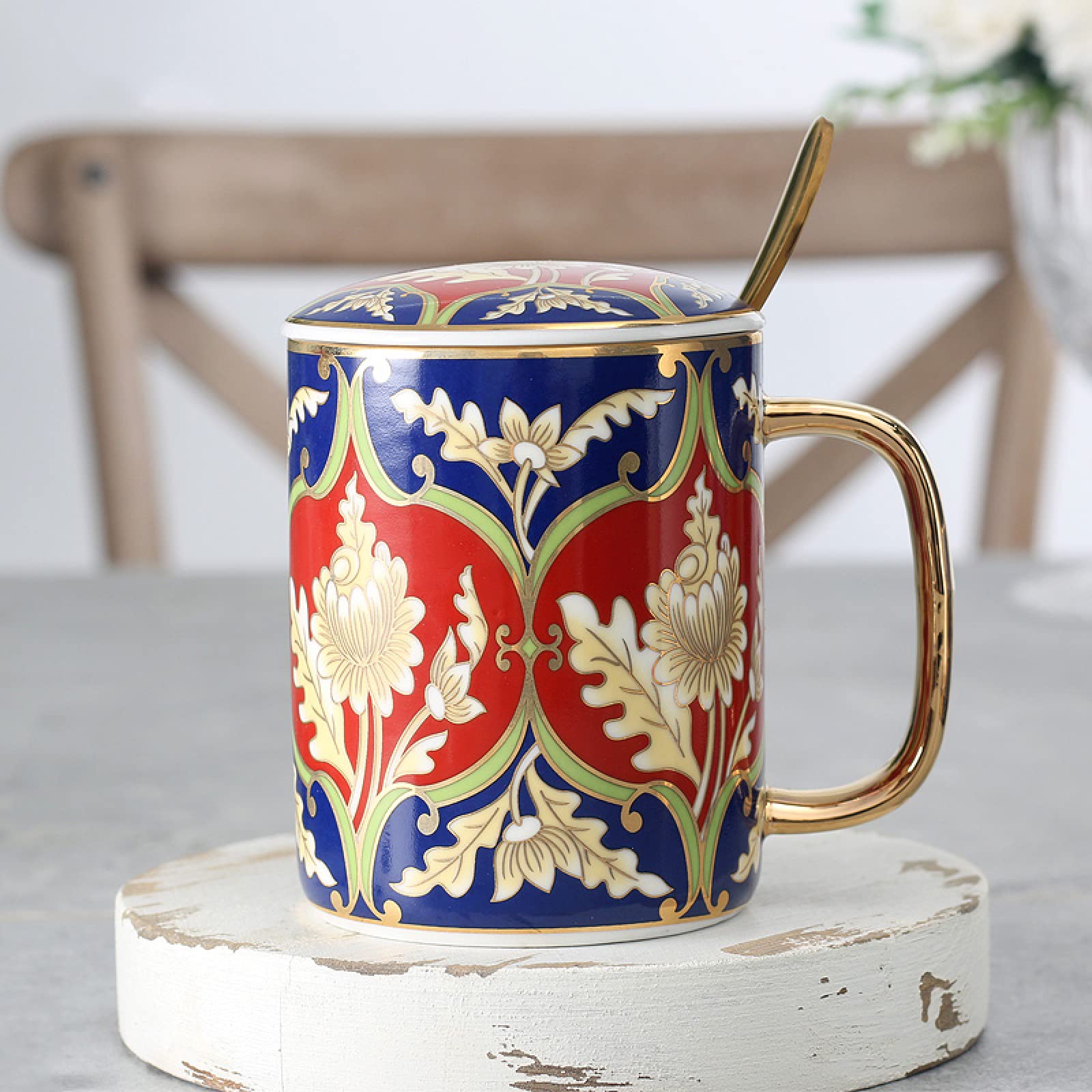 Taza de café de cerámica hecha a mano juego de tazas y cucharas juego de tazas de té y café de cerámica con flores rojas taza de leche de avena regalo de boda