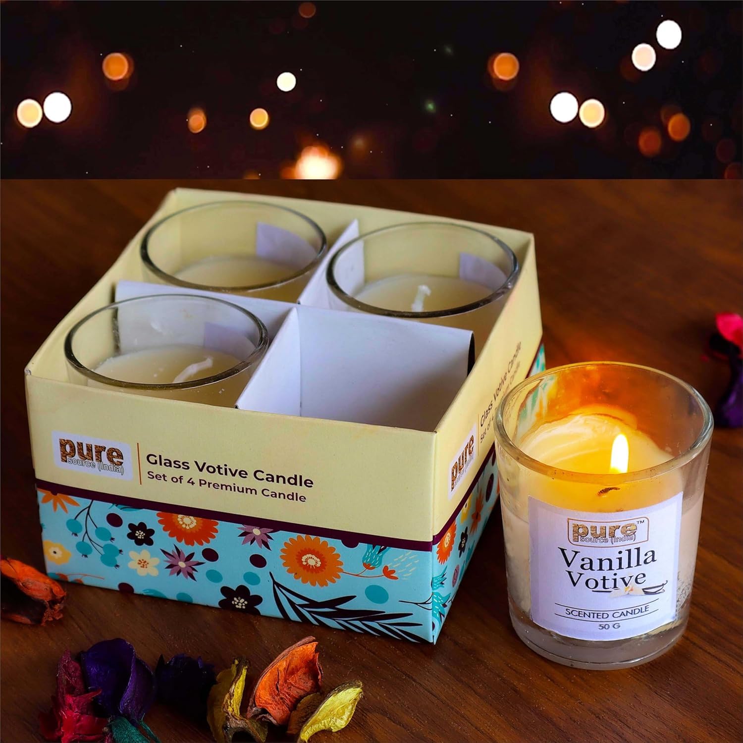 Pure Source India Votive Glass Scented Wax Candle Big Size Candles Combo Set for Home Decoration Aroma,50G, Pack of 4 (Scented - Vanilla)