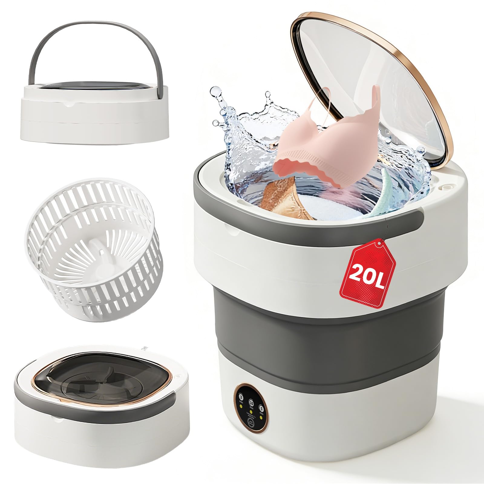 Portable Washing Machine - 20L Mini Foldable Washer with Spin Basket, 3 Cleaning Modes & Deep Cleaning for Small Clothes, Collapsible Laundry for Apartment, Home, Hotel and Travel (Gray)