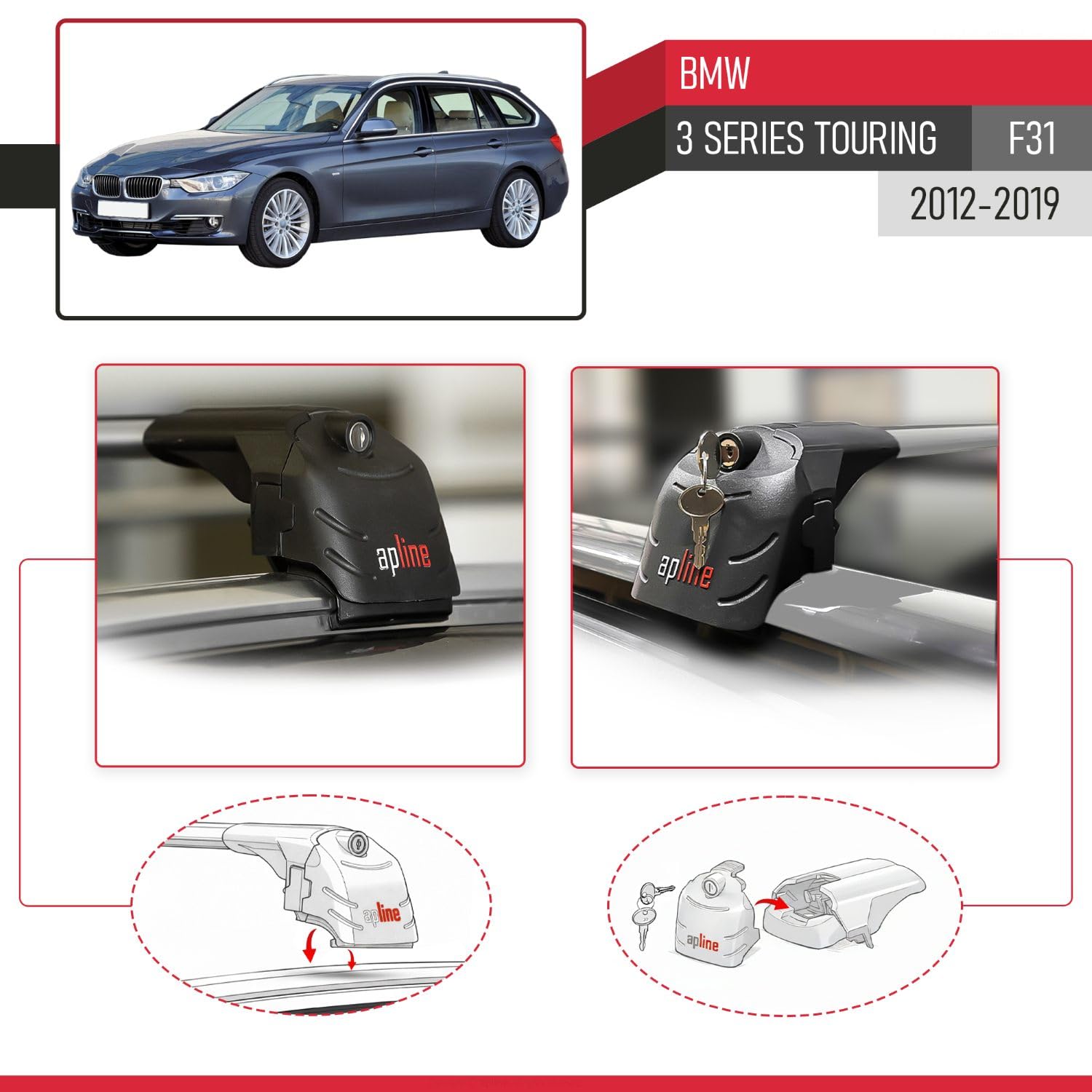 Kompatibel mit BMW 3er (F31) Touring 2012-2019 ACE-2 Modell Relingträger Dachträger Auto Gepäckträger Grau Aluminium 2 Stangen