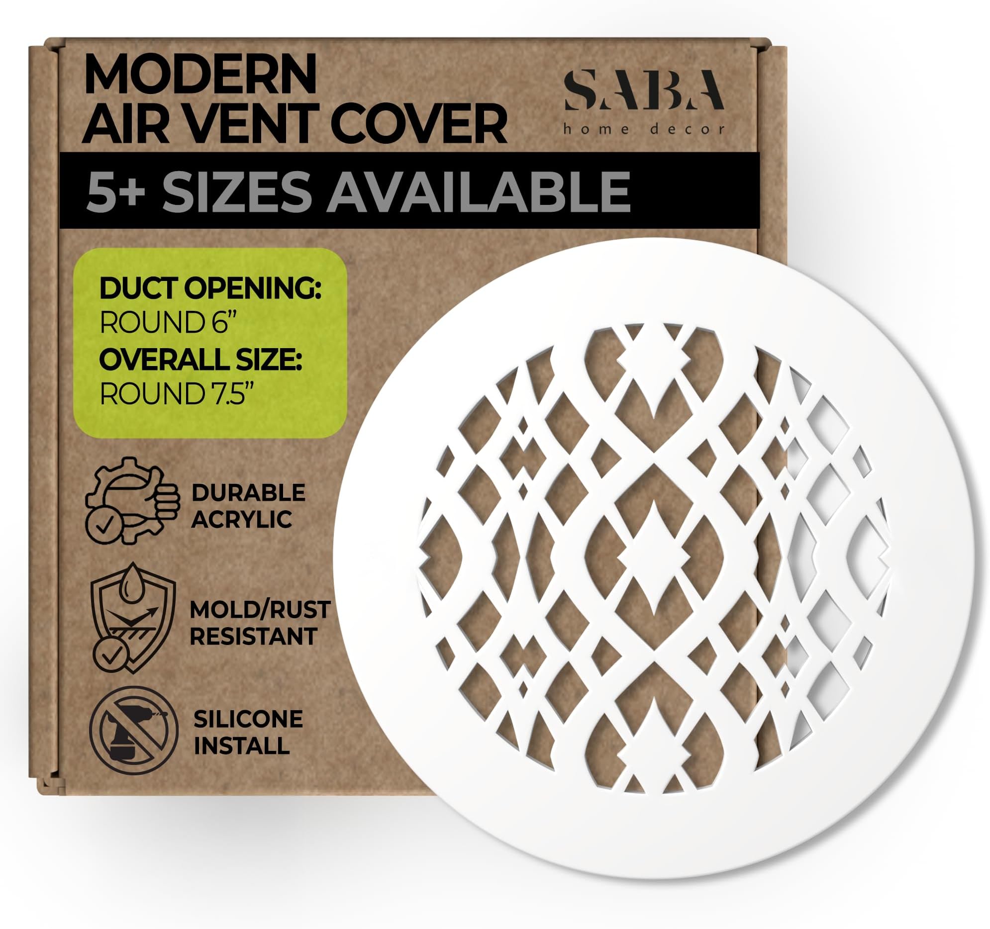 SABA Home Decor Air Vent Cover Grille - Acrylic Plexiglass 6 Round Duct Opening (7.5 Round Overall) White Finish Decorative Register Covers for Walls and Ceilings NOT for Floor USE, Charlotte (1PCs)