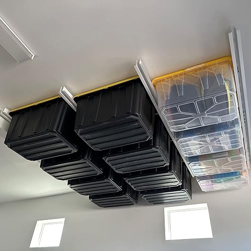 E-Z Garage Storage Tote Slide PRO Overhead Ceiling Rack - Heavy-Duty Alloy Steel, Holds 15 Totes, Made in USA E-Z Garage Storage Tote Slide PRO Overhead Ceiling Rack - Heavy-Duty Alloy Steel, Holds 15 Totes, Made in USA