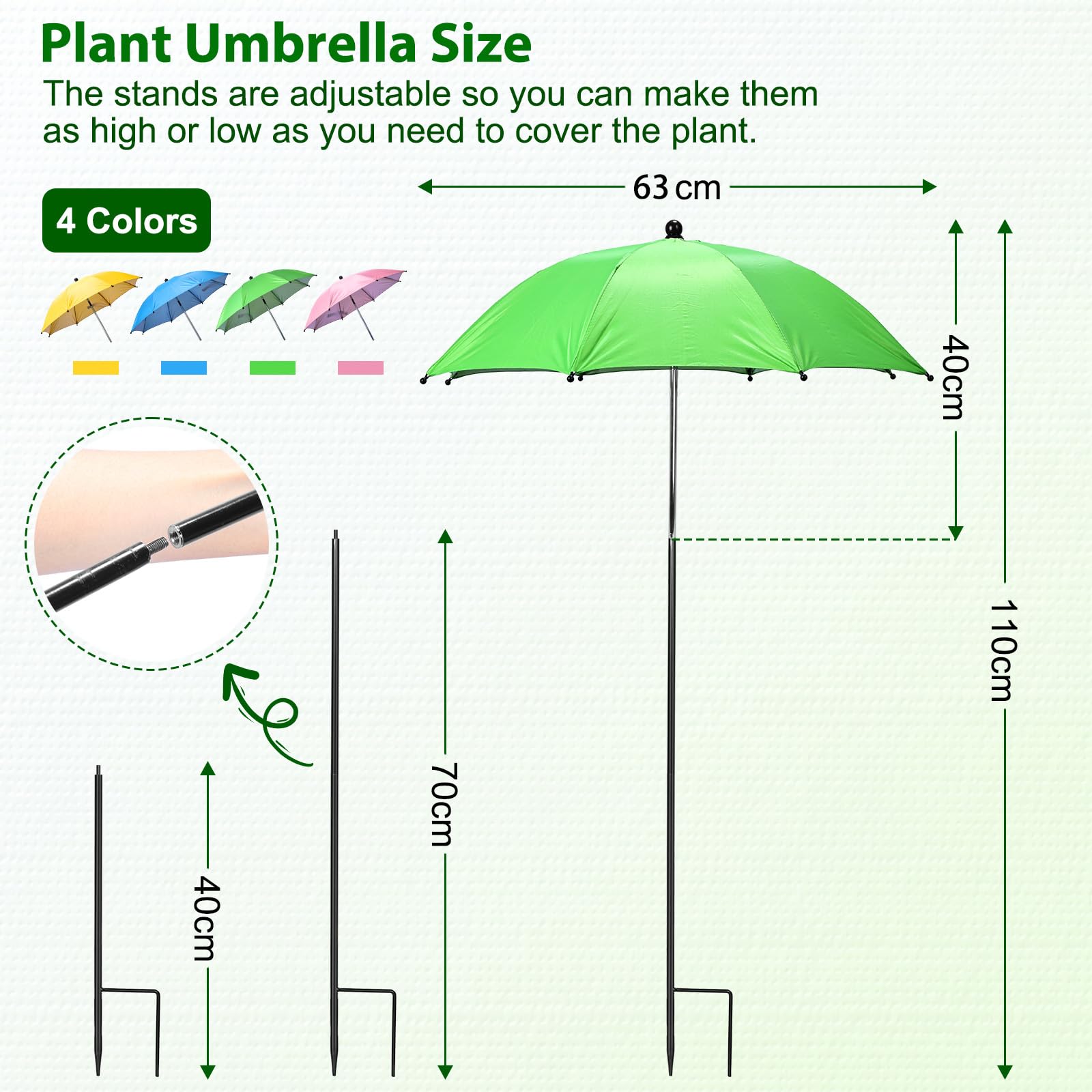 Ombrelli per piante da esterno, 4 pezzi regolabili in altezza e angolo da giardino per ombrelloni da sole e pioggia, 63 cm, grande set di ombrelloni per piante in vaso, aiuole da giardino e fiori