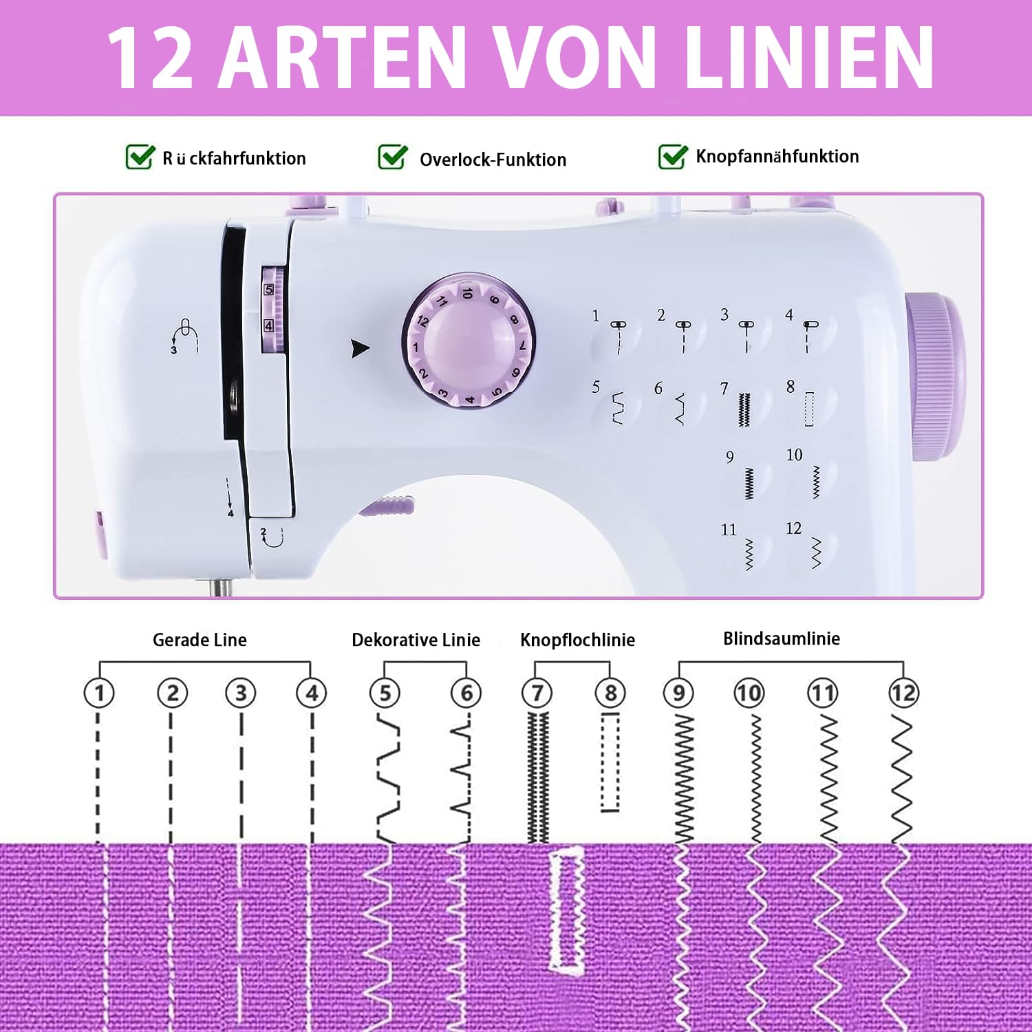 BRAVECOW MiNi, macchina da cucire con tavolo scorrevole, set di accessori da cucito per bambini e principianti, 12 punti integrati e luce LED integrata, pedale incluso
