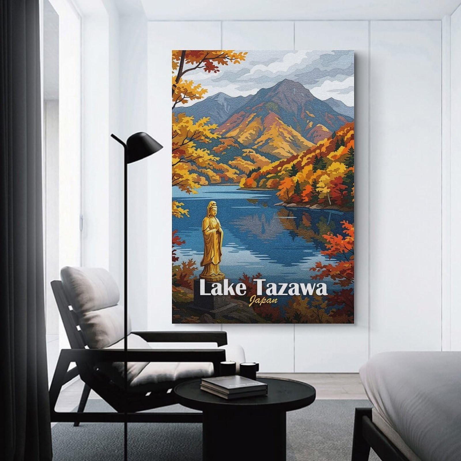 Junmoney Lake Tazawa Japan Autumn Landscape Wall Art Print, 20x30inch(50x75cm), for Study, Office Or Focused Interiors, Home Office Artwork with Decorative Appeal