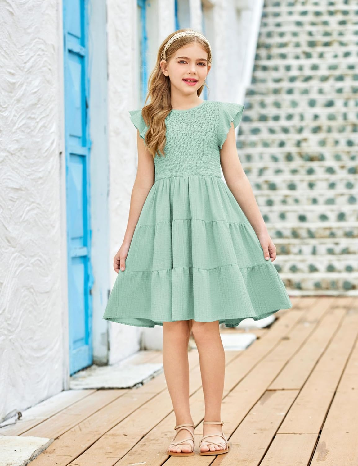 Arshiner Girls Summer Flutter Short Sleeve Sundress Smocked Elastic Waist Tiered Midi Dress with Pockets - Image 4