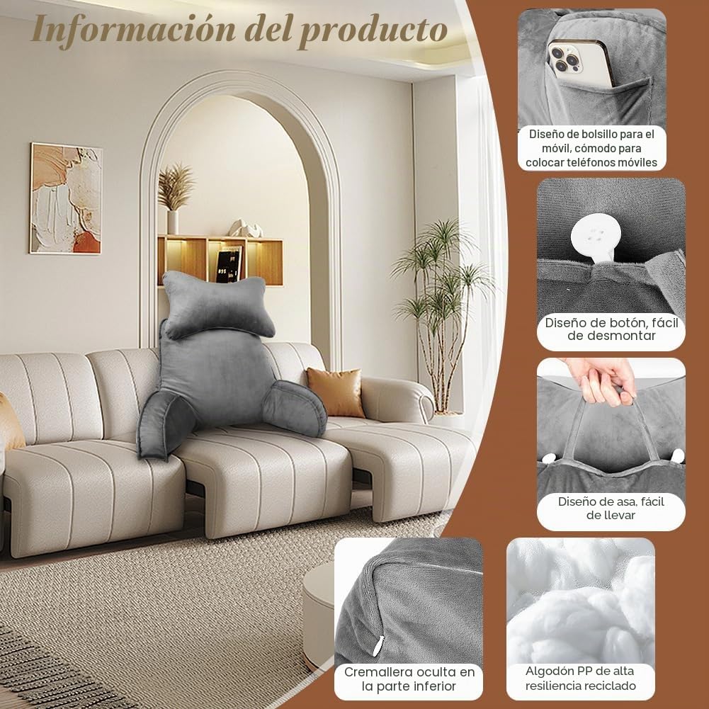AOOWU Almohadas de Lectura, Cojín Lectura Cama para Cuello Desmontable and Brazos, Almohada in Lectura Espalda in Adultos para La Espalda, Trabajar, Leer o Jugar en la Cama, Sofá, Almohada Lectura