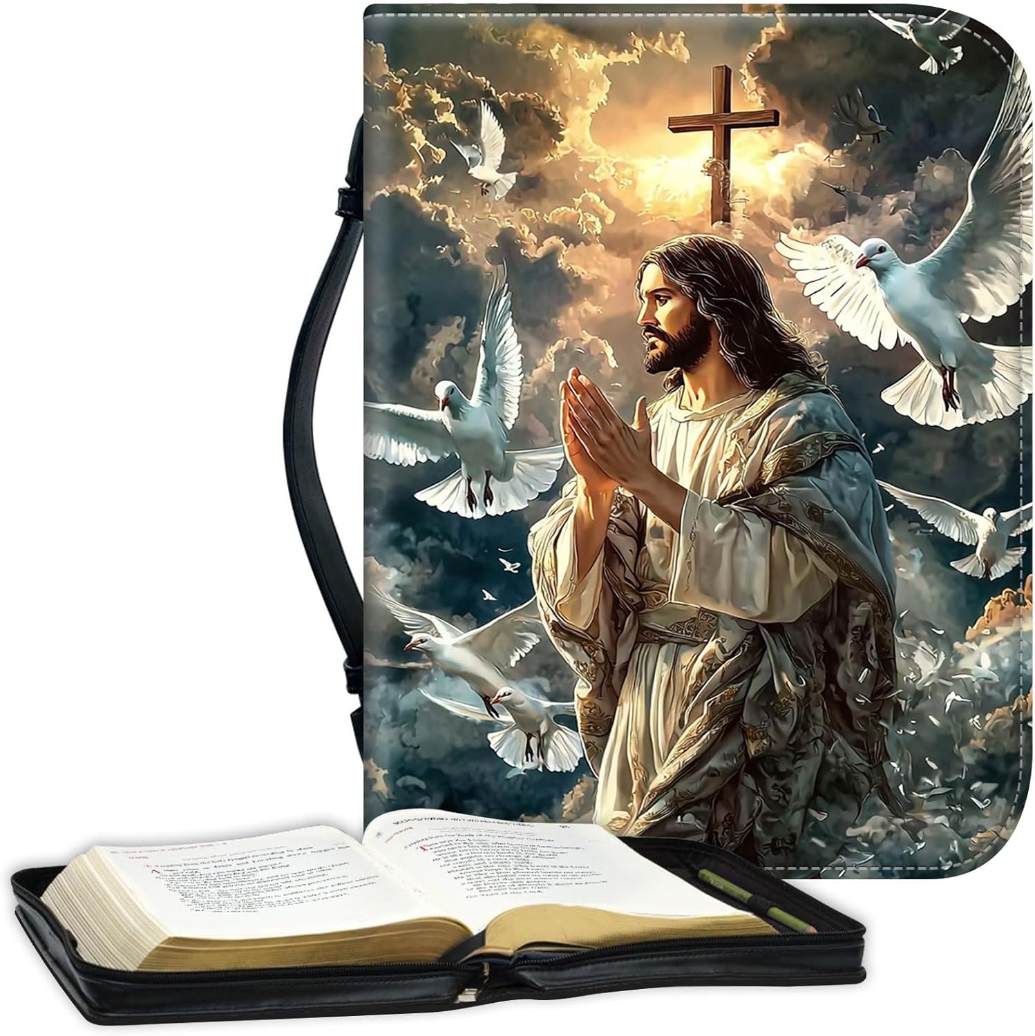 DEGDFSGR PU Leather Large Capacity Bible Cover Case for Women with Handle and Zipper, Bible Bag Carrying Case Study Bible Supplies for Men, Jesus with White Doves Cross