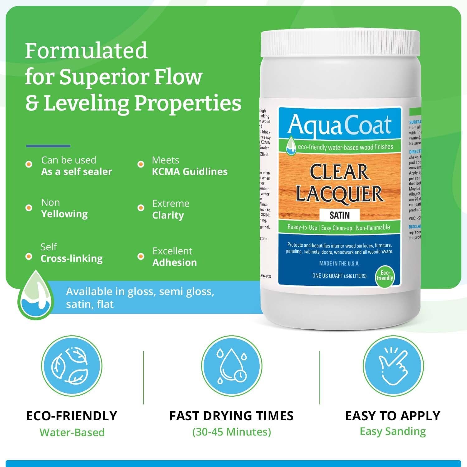 Aqua Coat Clear Lacquer in Satin Finish - Premium Water-Based for Wood & Plastic - Self-Cross-Linking, Fast-Drying, Non-Yellowing, Eco-Friendly - Quart