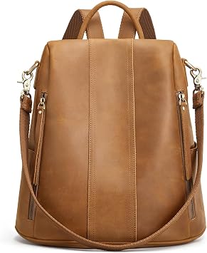 S-ZONE Leather Backpack for Women Antitheft Soft Rucksack Ladies Shoulder Bag-Light Brown