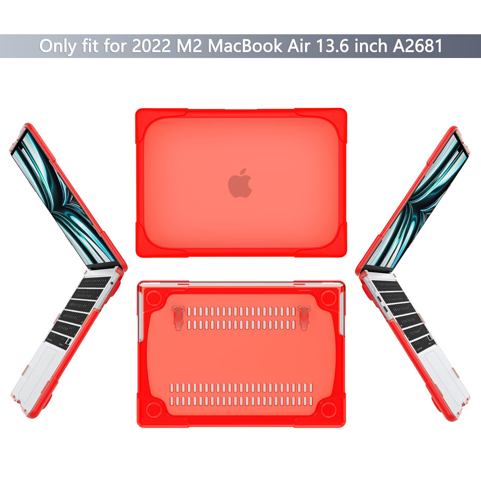 Batianda Per MacBook Air M2 da 13,6 pollici 2022, custodia rigida protettiva antiurto resistente con cavalletto pieghevole e protezione schermo per tastiera per MacBook Air 33 cm modello A2681, rosso