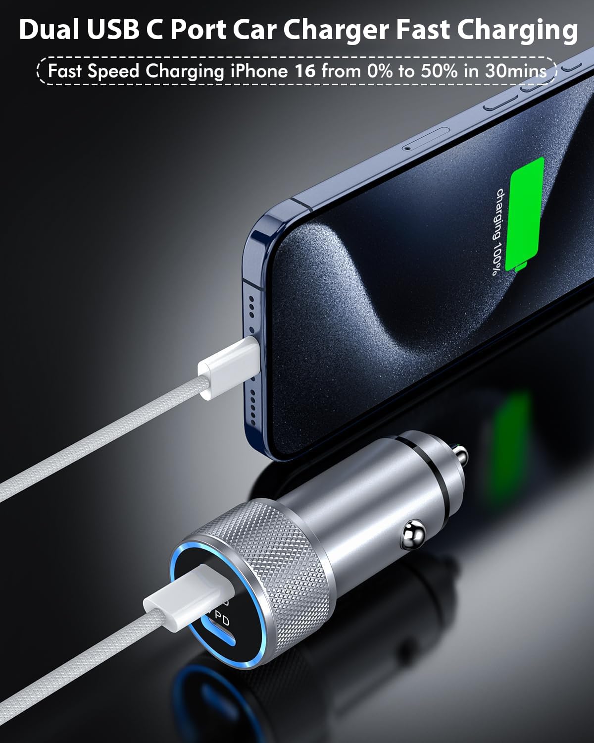 iPhone 16 Car Charger,USB C Fast Car Charger Adapter 2Pack Dual USB C Port Fast Car Charger with 6Feet Long USB C to C Braided Charging Cable Fast Car Charging for iPhone 16/16 Pro/16 Pro Max/15/iPad