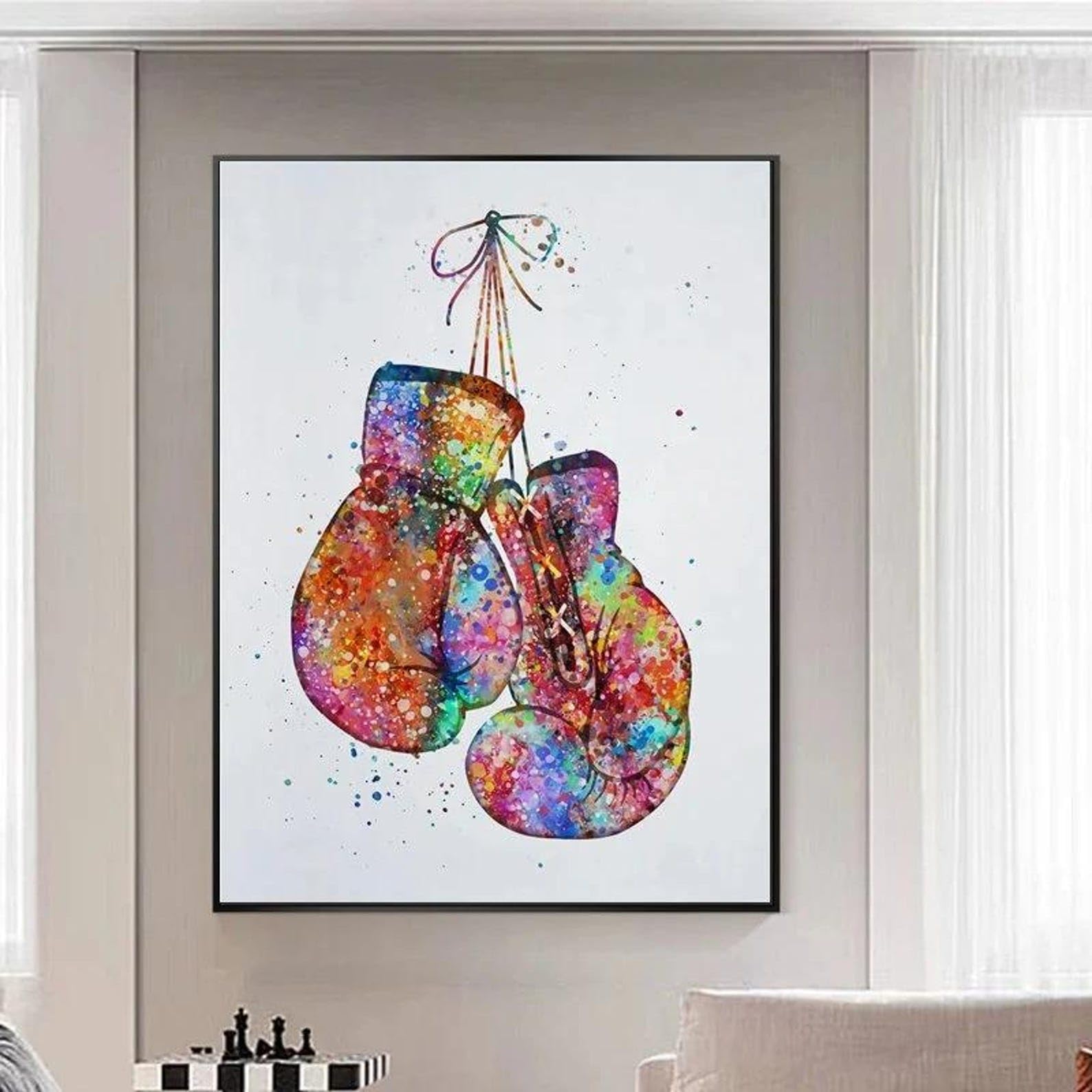 LMYCHENG Plakaty i druki akwarela rękawice bokserskie malarstwo na płótnie: kolorowa sportowa sztuka ścienna do salonu dekoracja domu (20 x 30 cm/rama wewnętrzna)