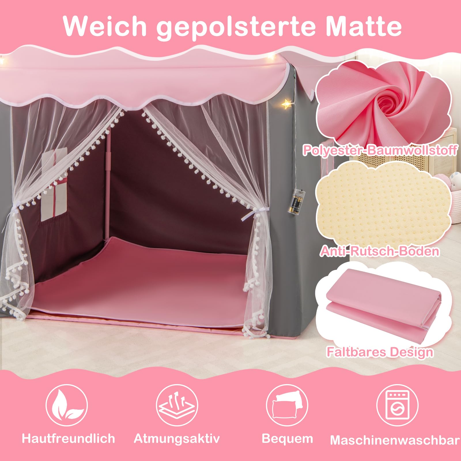 GOPLUS Kinderzelt, Spielzelt Kinder Indoor, Spielhaus mit Stern-Lichterkette, Matte, Gaze-Vorhänge & Fenstern, Spielhaus Klappzelt für Drinnen und Draußen, Geeignet für Kinder ab 3 Jahren (Pink)