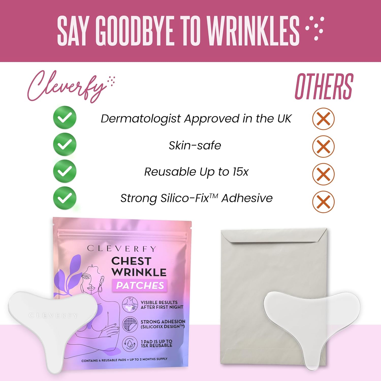 CLEVERFY Silicone Chest Wrinkle Patches for Side Sleeping – Reusable Décolleté Anti-Wrinkle Chest Pads for Overnight Line Prevention (4 Pack, T-Shape)
