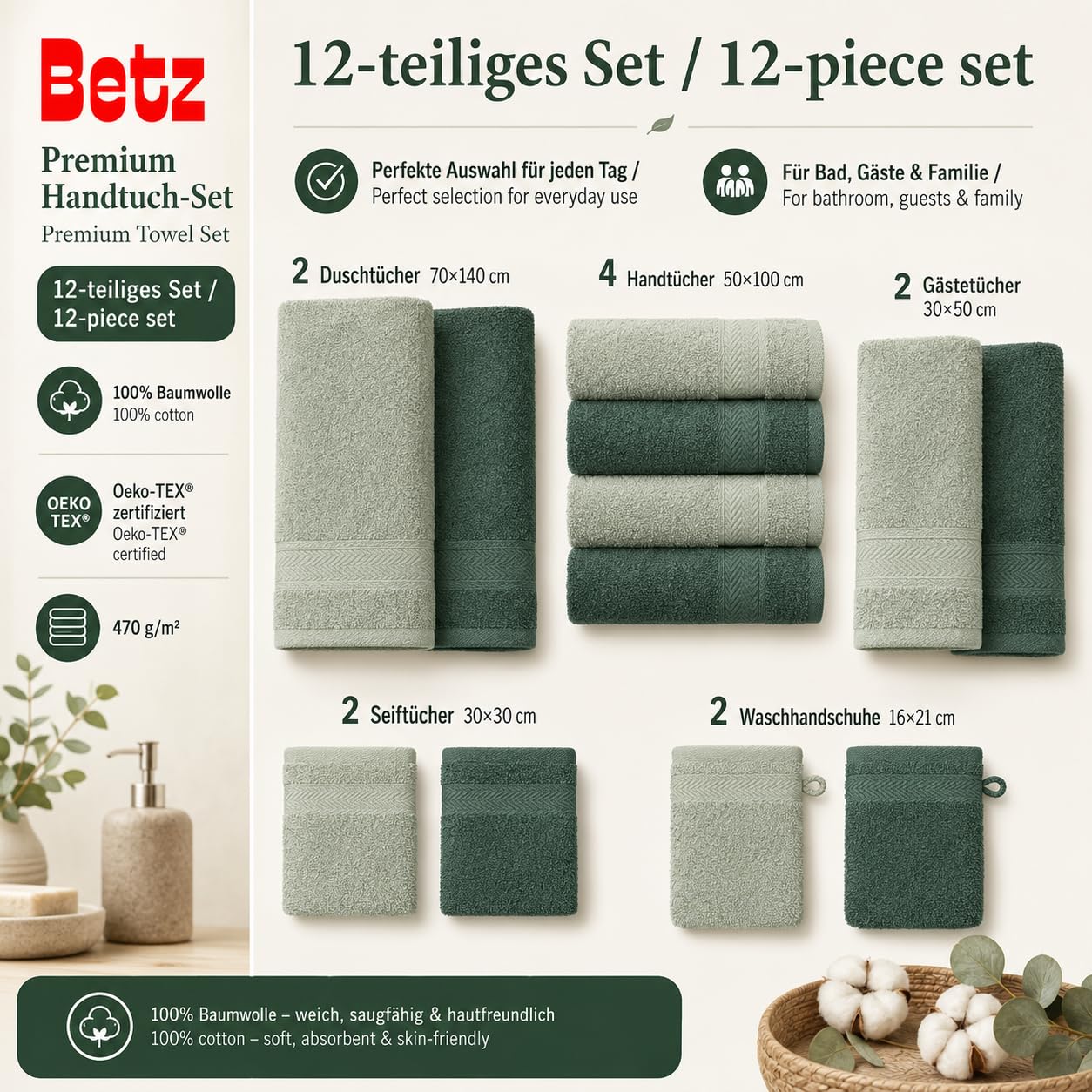 Betz Juego de 12 Toallas Premium 100% algodón de Color Verde heno y Verde Abeto