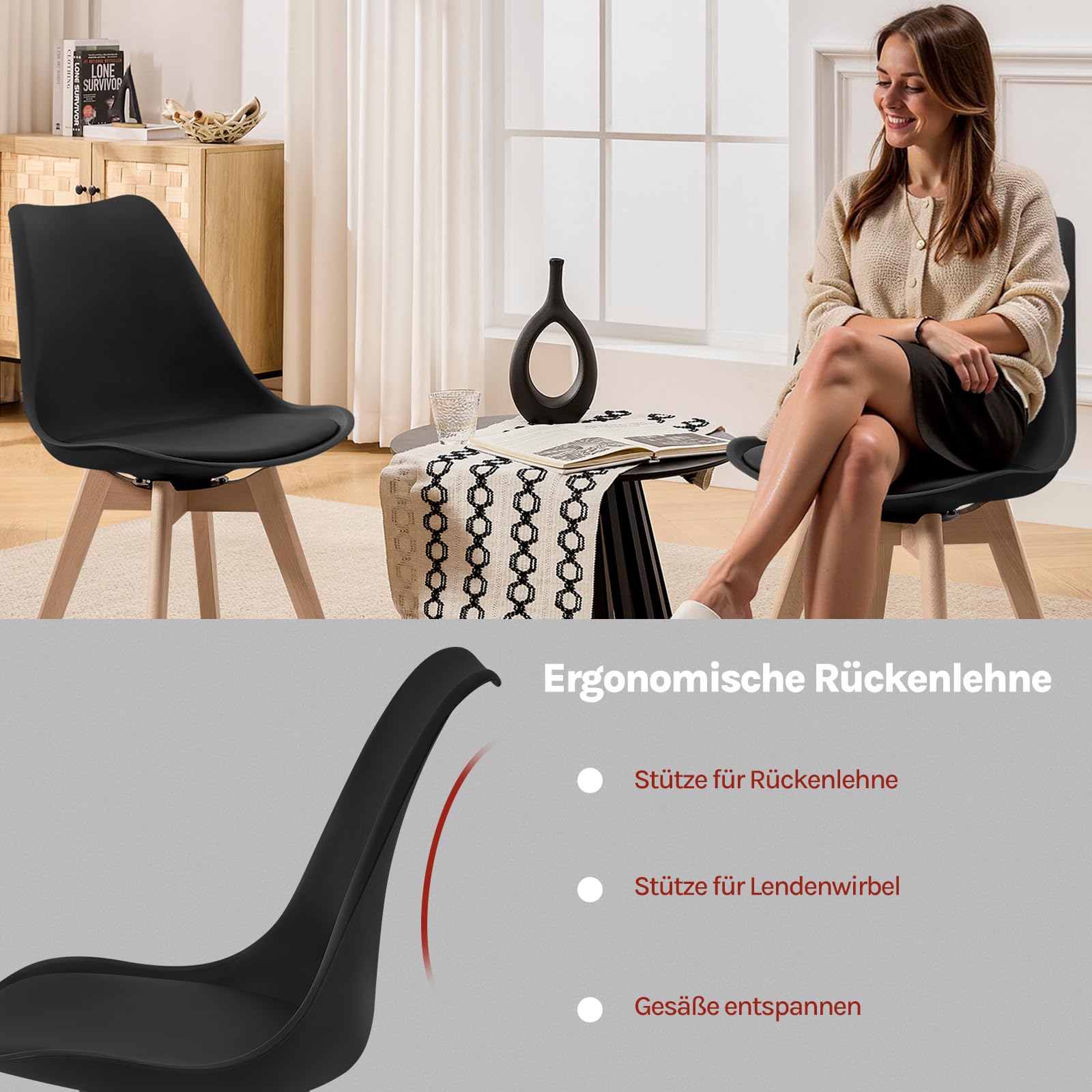 WOLTU Esszimmerstühle drehbar 2er Set, für Esszimmer, Moderne Küchenstühle, aus Massivholz Kunstleder, bis 120 kg belastbar, Schwarz