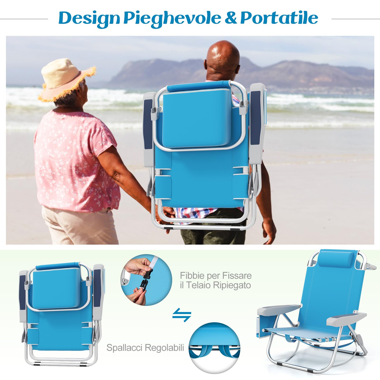 COSTWAY Set di 2 Sedie da Spiaggia, Sdraio Pieghevole a 5 Posizioni con Portabicchieri, Poltrona da Spiaggia con Cuscino per Testa e Zaino, Sedia da Campeggio Portatile, Portata 150 kg (Azzurro,2)