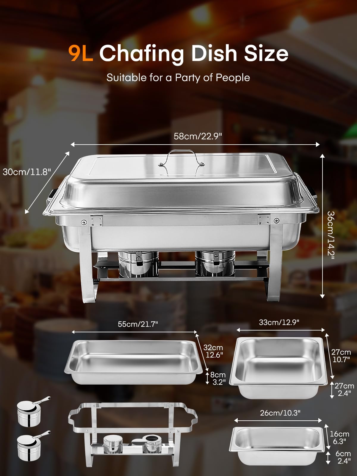 Chafing Dish Buffet Set 4pcs Edelstahl Warmhaltebehälter, 9L Speisewärmer, Wärmebehälter Rechaud, Buffet Wärmer für Catering Party(2X GN-Behälter 1/1, 2X GN-Behälter 1/2 und 4X GN-Behälter 1/4)