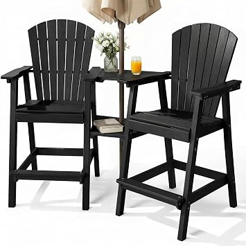 PASAMIC Tall Adirondack Chair Set of 2, All-Weather HDPE Outdoor Chairs with Removable Double Trays, Bar Height Adirondack Chairs for Balcony, Deck, Patio, Backyard, Black