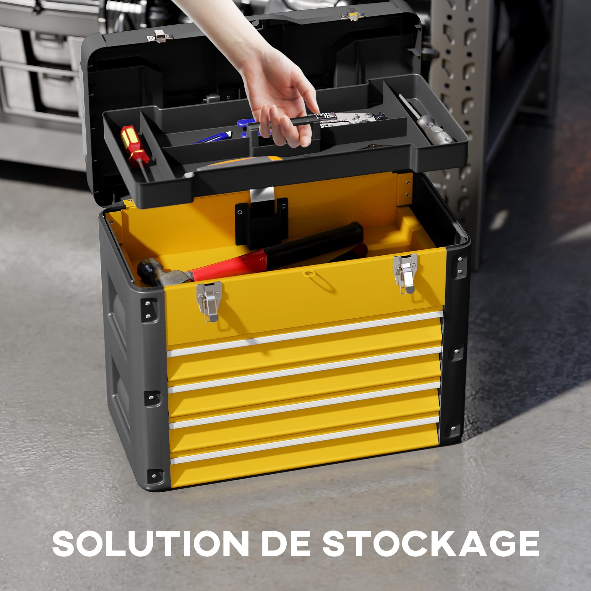 HOMCOM Boîte à Outils à 4 Tiroirs, Plateau Amovible, Caisse Vide, Jaune | Caisse à Outils en Acier Thermolaqué, Poignée, Mini-Boîtes, Glissières à Billes, Coffre à Outillage Robuste