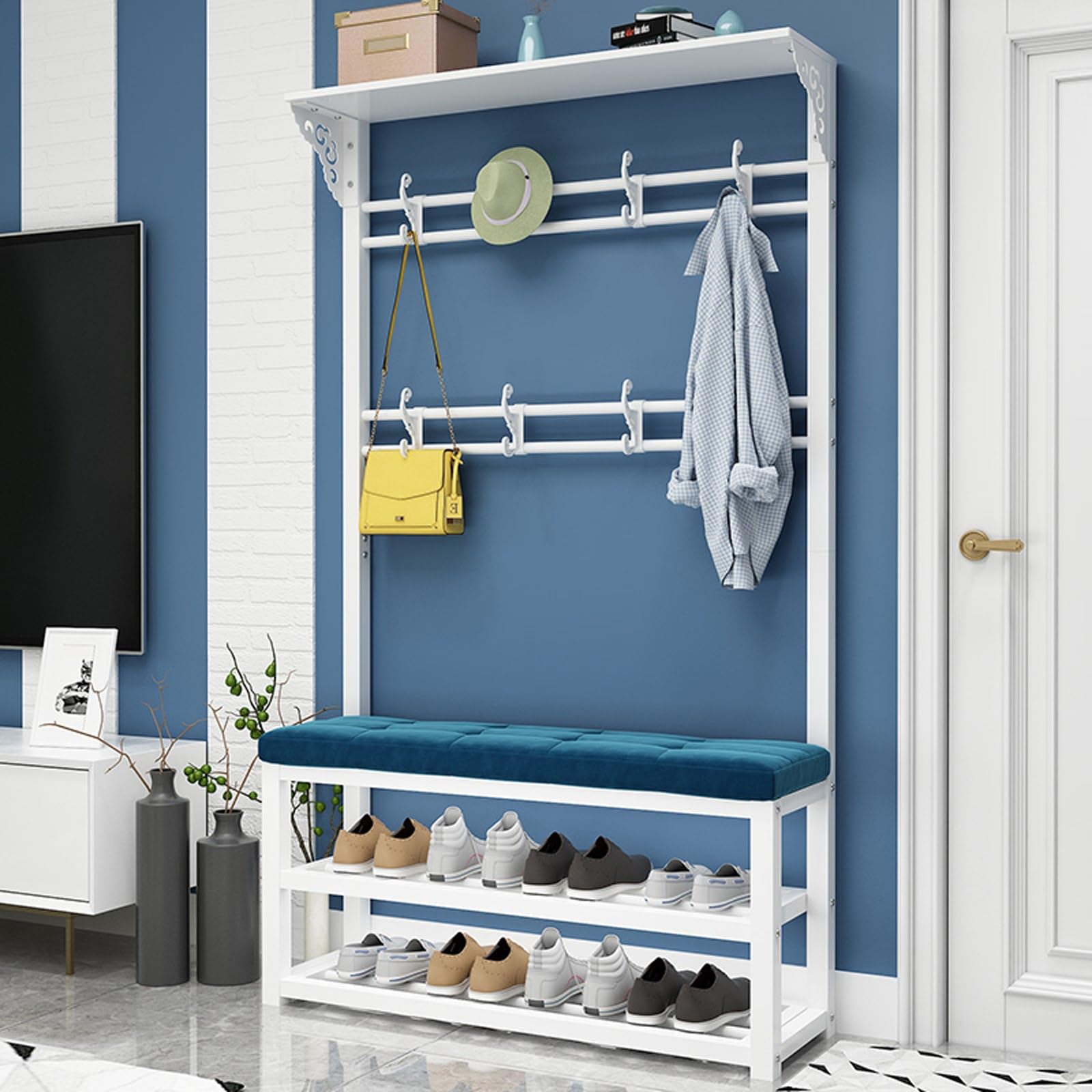 GHFXSCV Entryway Shoe and Coat Rack, Hall Tree with Metal e & Comfortable Cush, Multifunctal Sto Bench for Hallway & Bedroom, Blue (100x30x172cm)