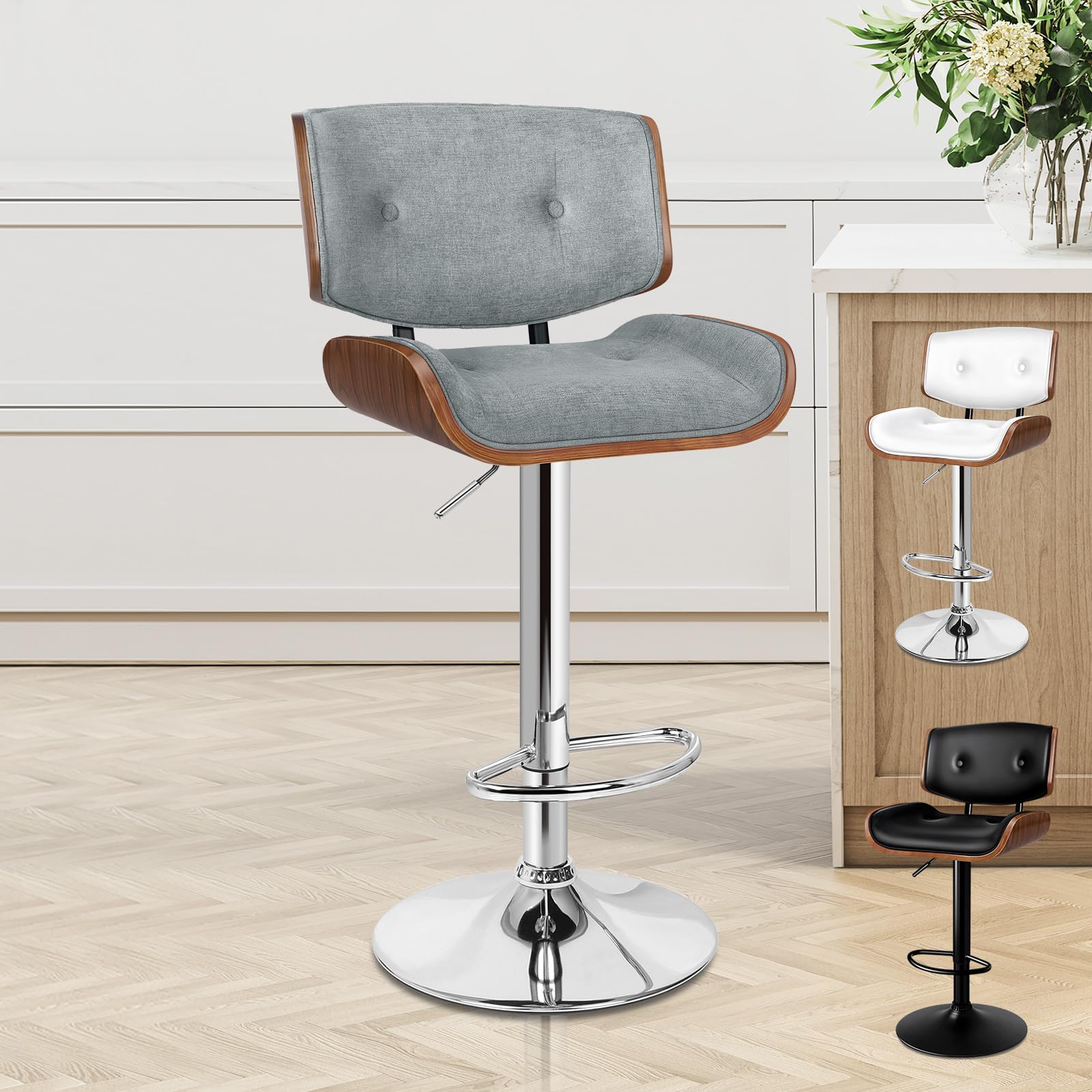 ALFORDSON 360° Swivel Bar Stools with Backrest, Adjustable Height, Grey