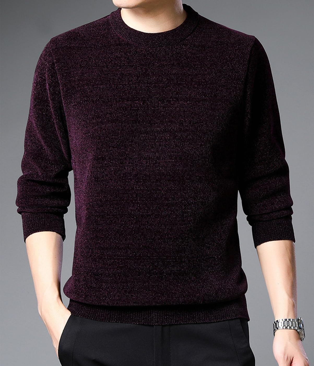 Men's Chenille Crewneck Sweater Long Sleeve Regular Fit Knitted Winter Fleece Pullover Warm Fleece Lined Sweatshirts - Image 2