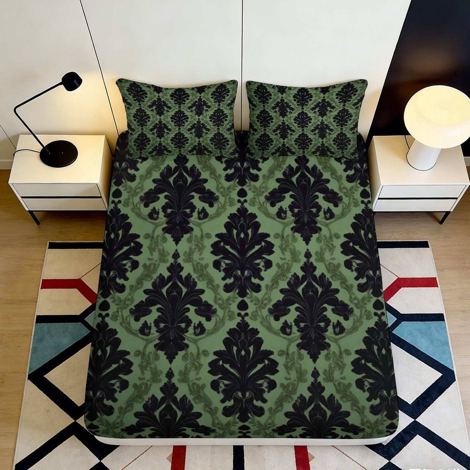 3D Printed Vintage Damask Fitted Sheet Microfiber Green Black Baroque Mattress Cover for Bedroom Guest Room 120x200x25cm