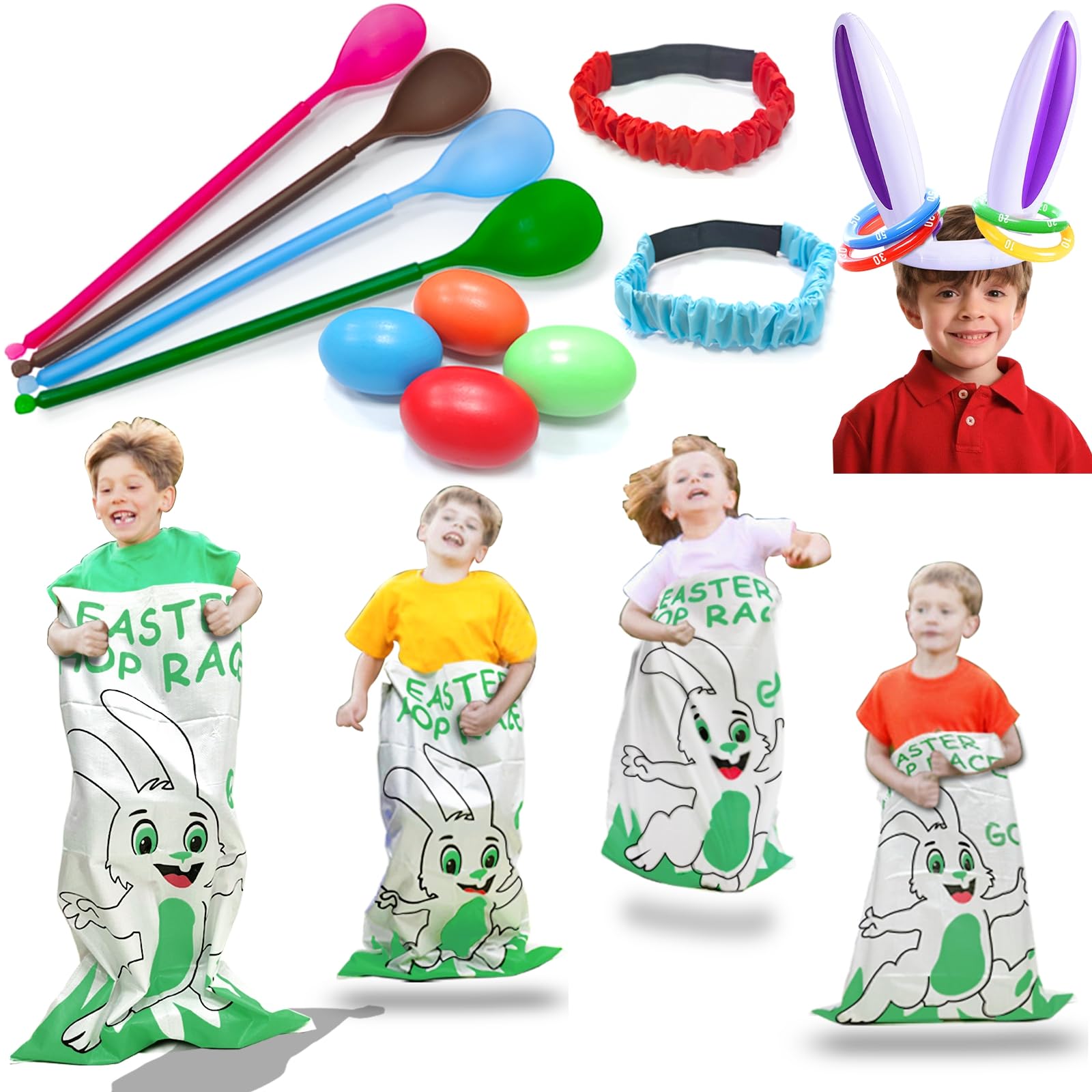 Photo 1 of 19 Pack Easter Outdoor Party Games for Kid Family, School Carnival Game 4 Bunny Potato Sack Race Bag, Egg and Spoon Relay Race, 2 3-Legged Band, 1 Ear Ring Toss Game (4 Score Rings) Easter Eggs Hunt
