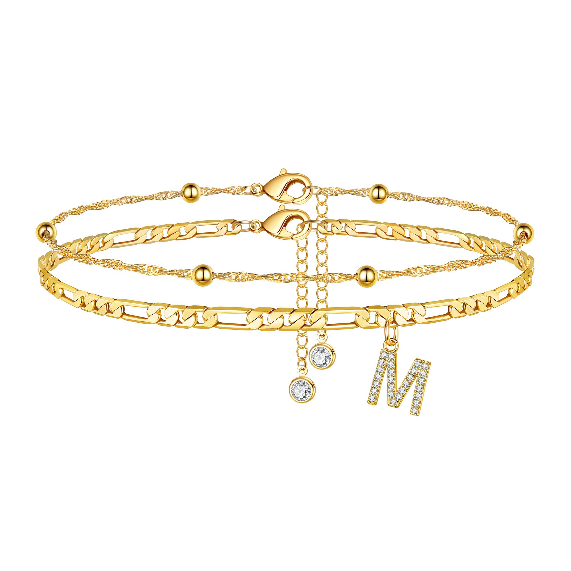 Ursteel Ankle Bracelets for Women, 14K Gold Plated Dainty Layered Chain CZ Initial Anklets Summer Jewelry Gifts for Women